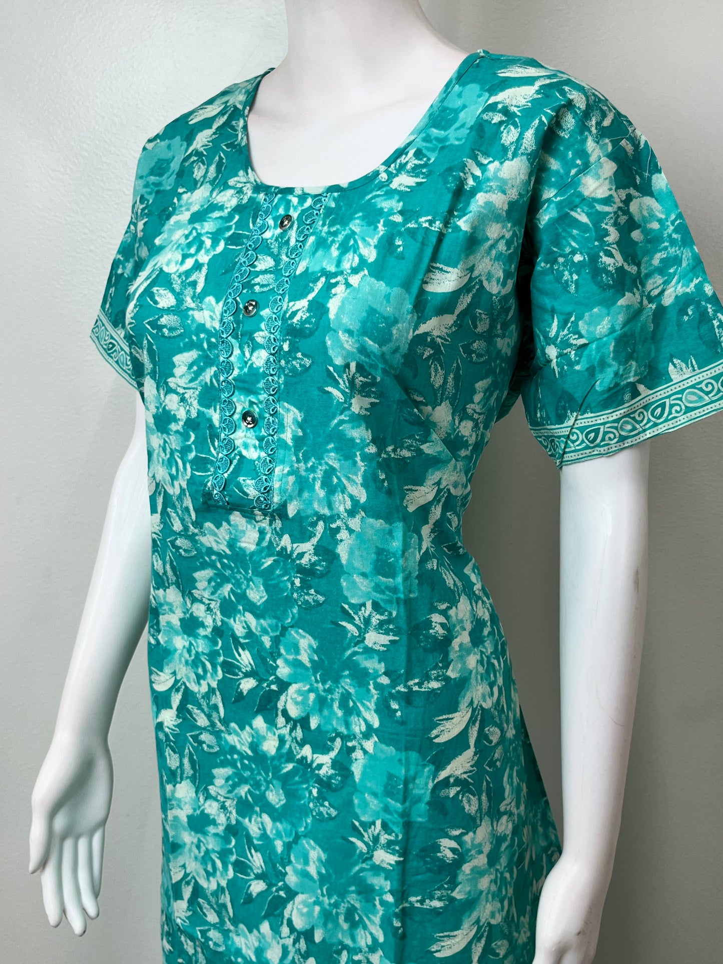 Sea Green Printed 100% Cotton Nightgown