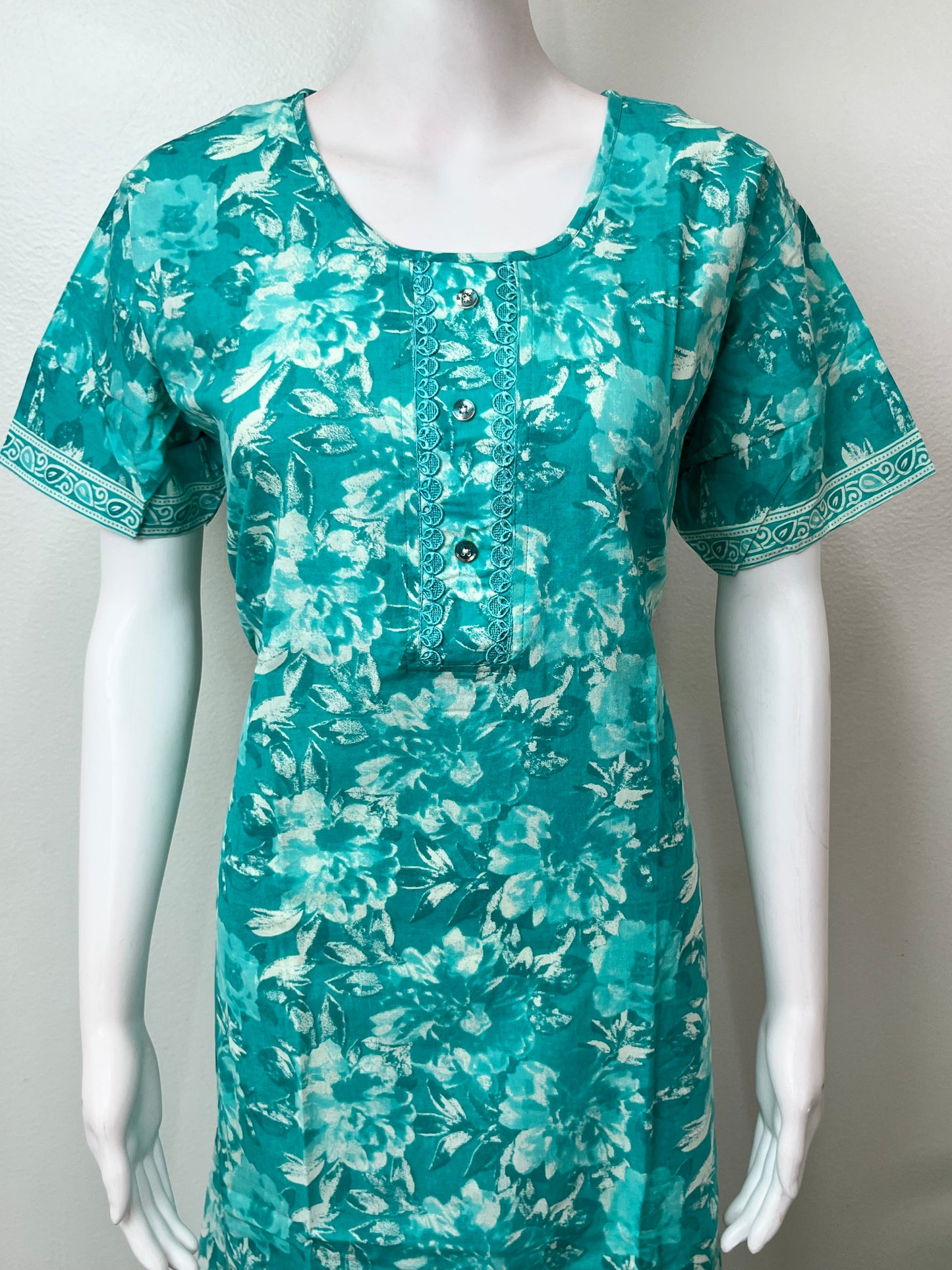 Sea Green Printed 100% Cotton Nightgown