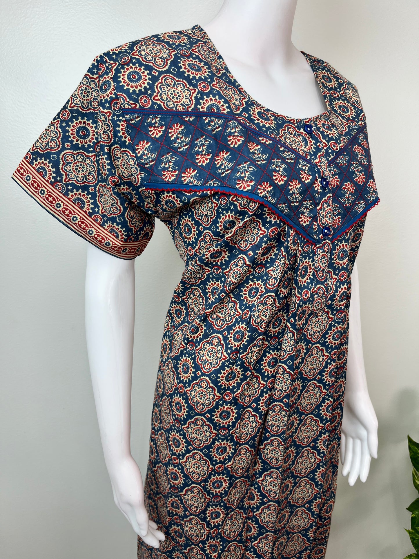 Navy Blue Pure Cotton Geometric Printed Nighty