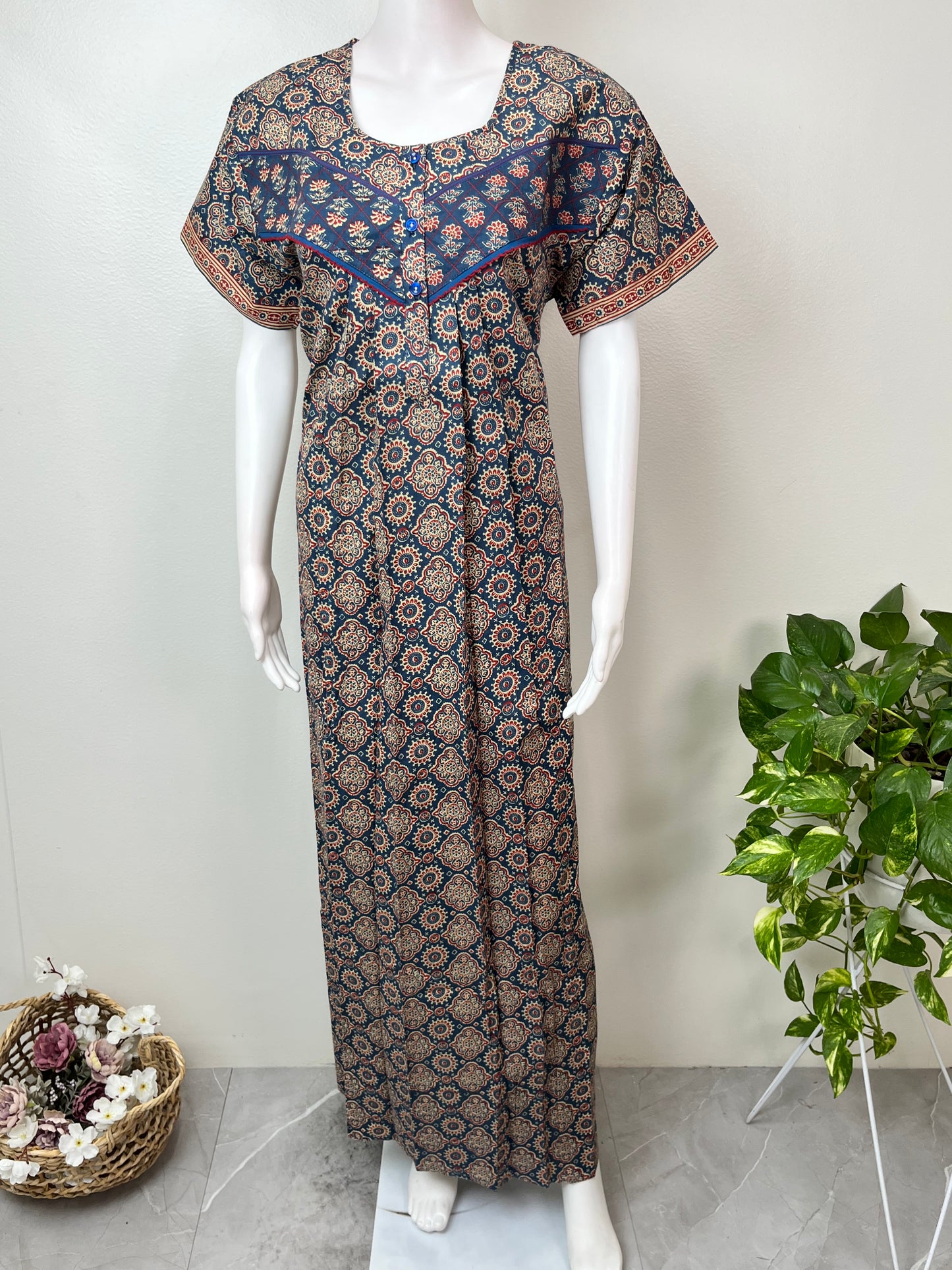 Navy Blue Pure Cotton Geometric Printed Nighty