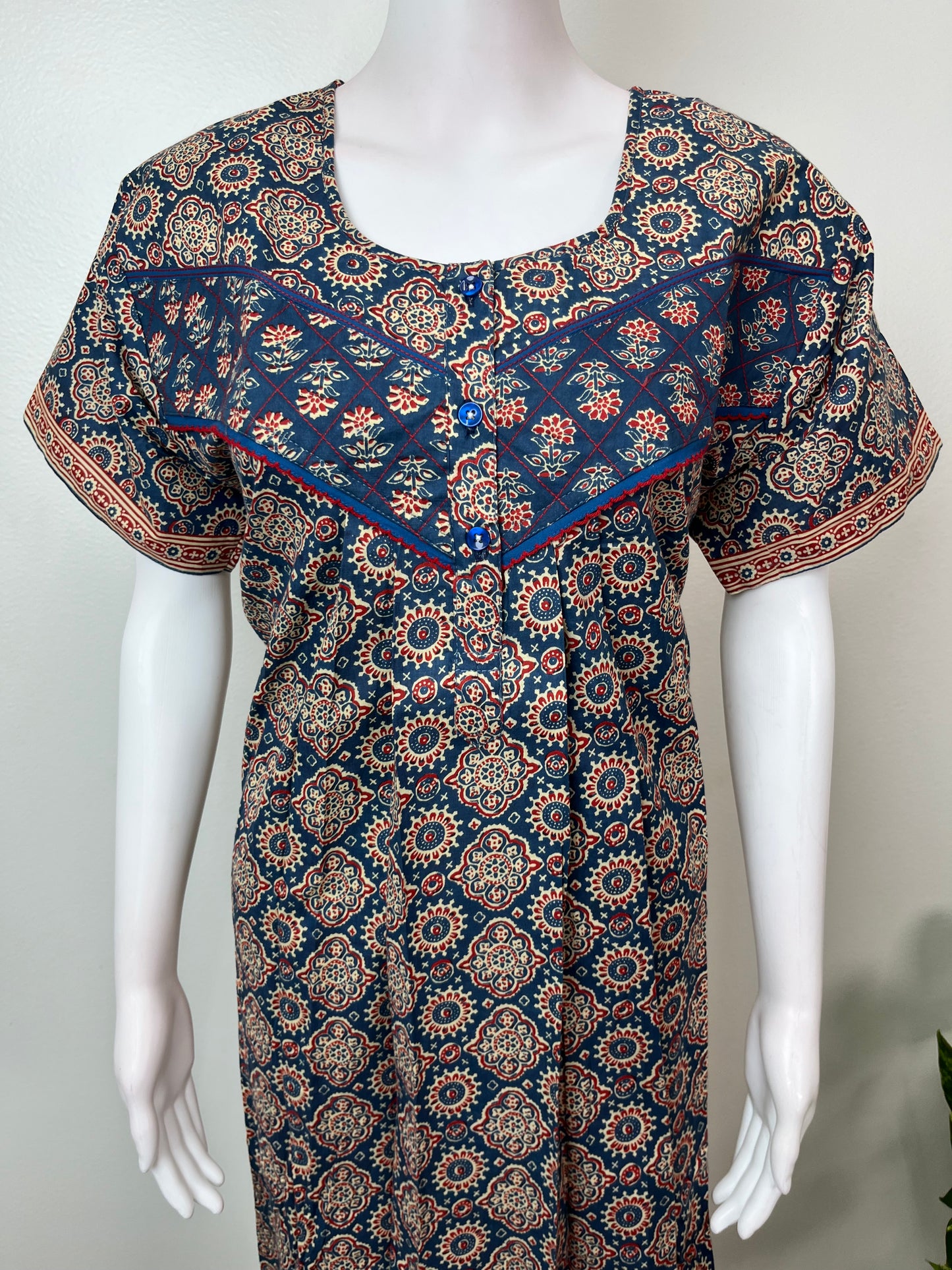 Navy Blue Pure Cotton Geometric Printed Nighty