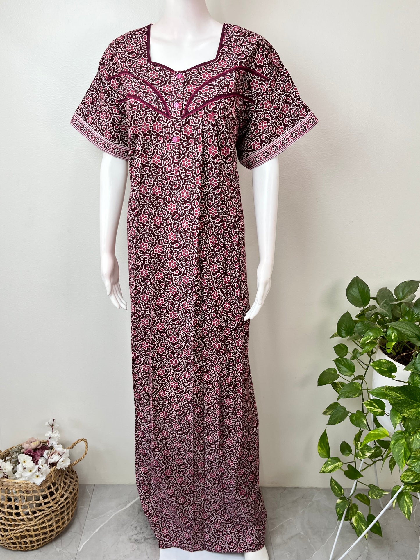 Wine Pure Cotton Nightgown Soft & Breathable