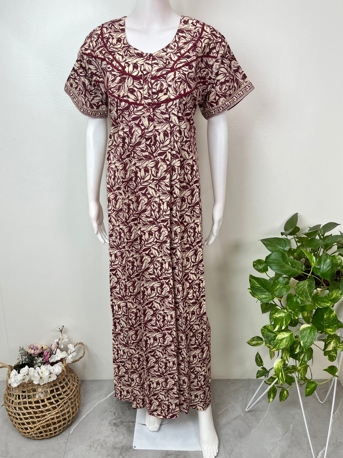 Maroon Pure Cotton Nightgown Soft & Comfortable