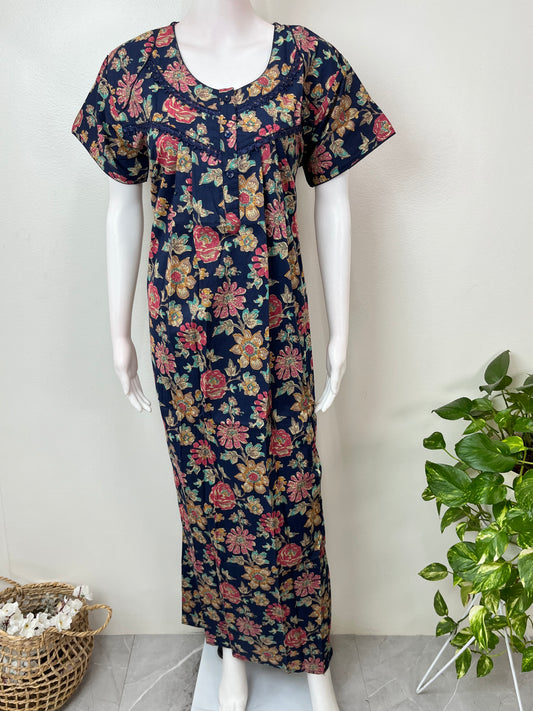 Navy Blue Pleated Style 100% Cotton Nightgown