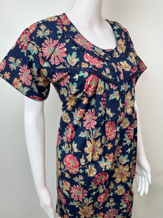 Navy Blue Pleated Style 100% Cotton Nightgown