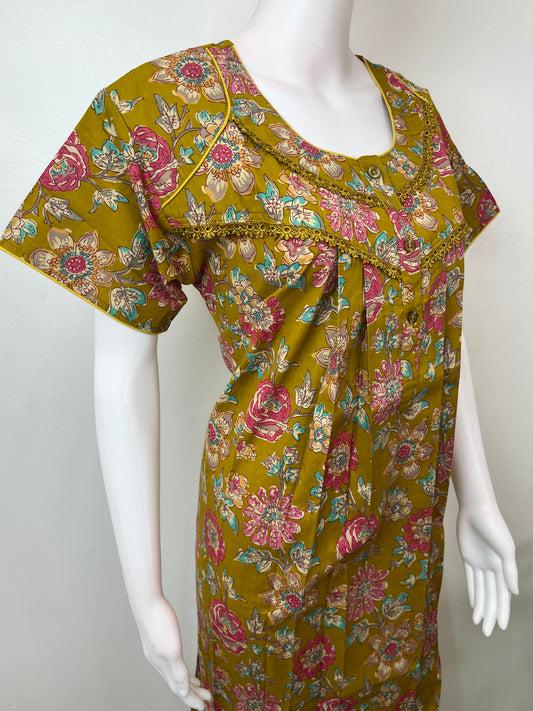 Yellow Pleated Style Pure Cotton Nighty