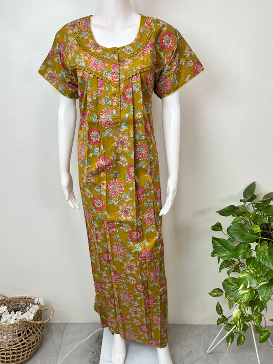 Yellow Pleated Style Pure Cotton Nighty