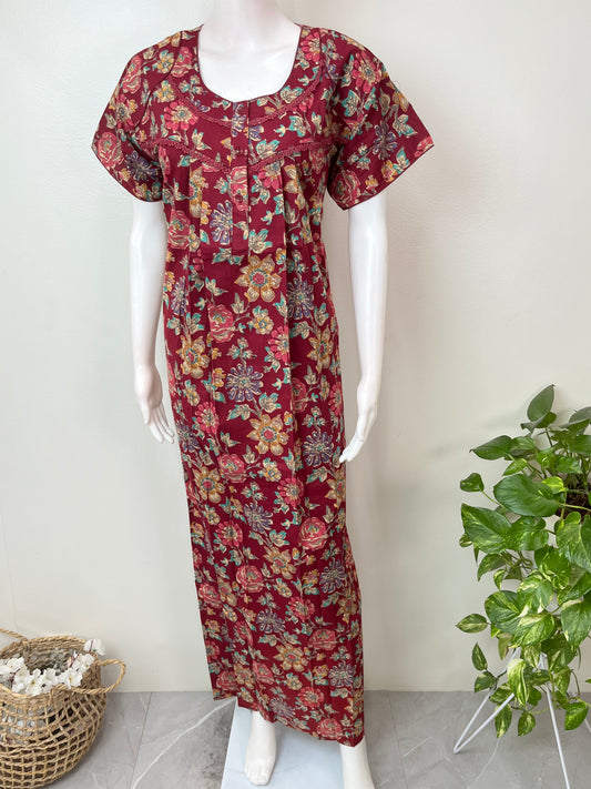 Maroon Flora Pure Cotton Nighty