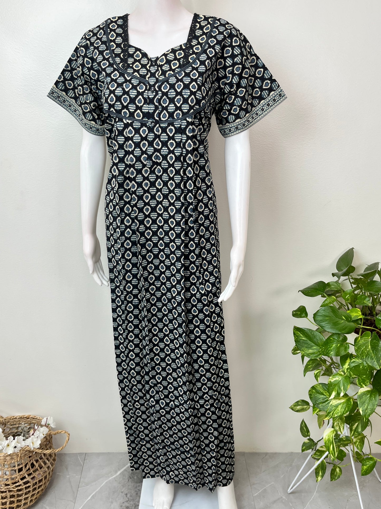 Black Pure Cotton Nightgown Elegant & Breathable