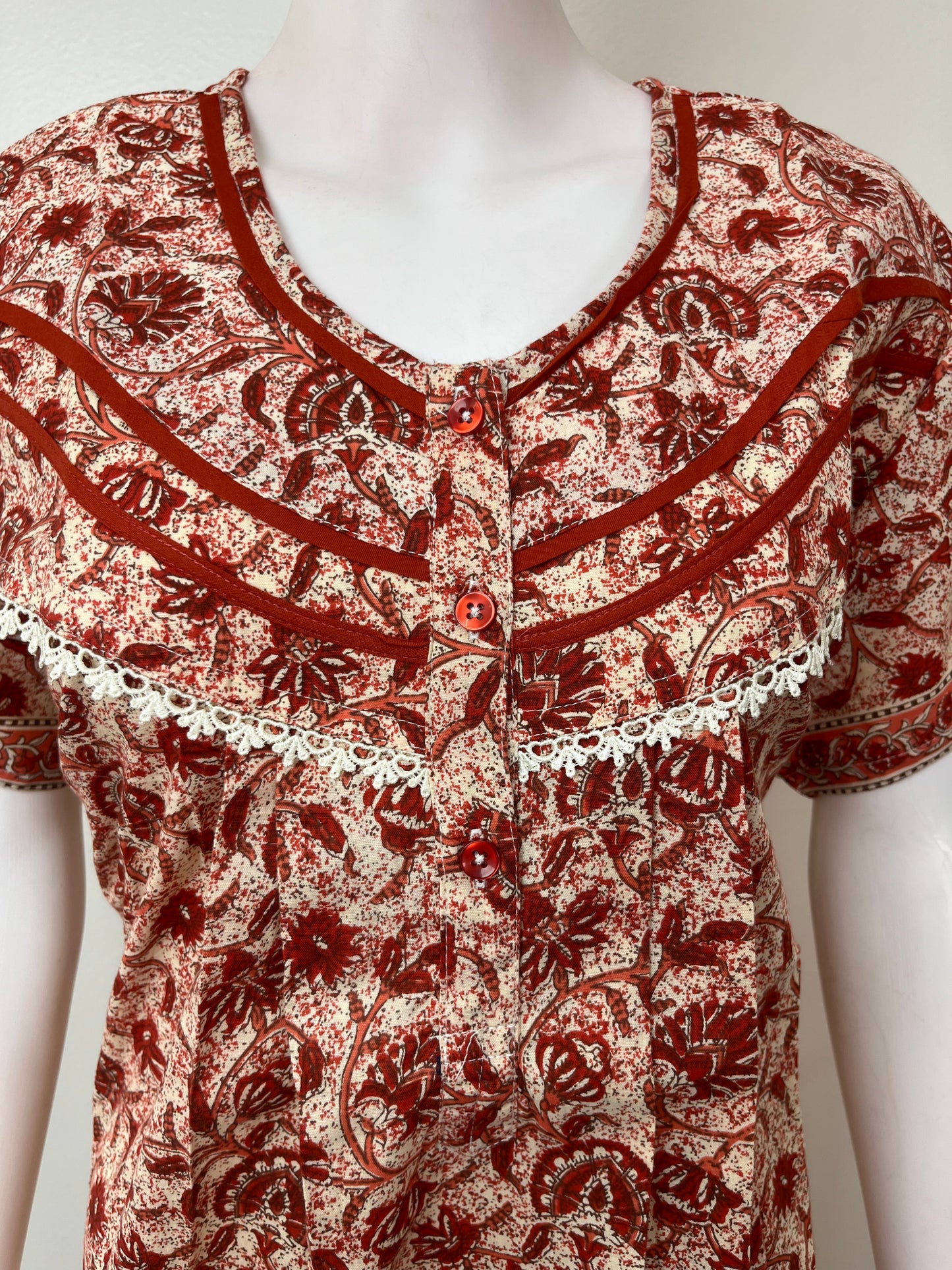 Red Pleated Style Pure Cotton Nightgown