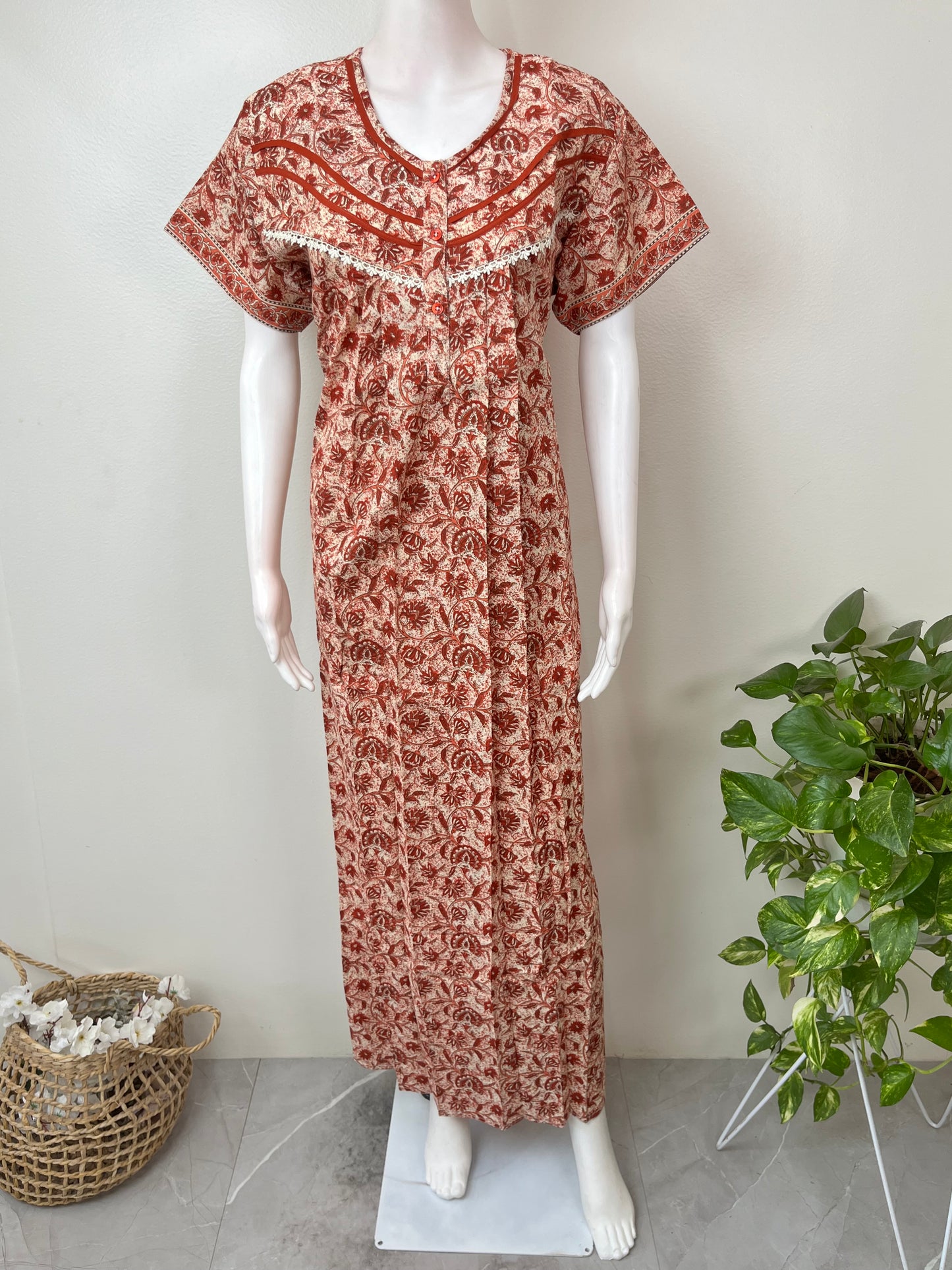 Red Pleated Style Pure Cotton Nightgown