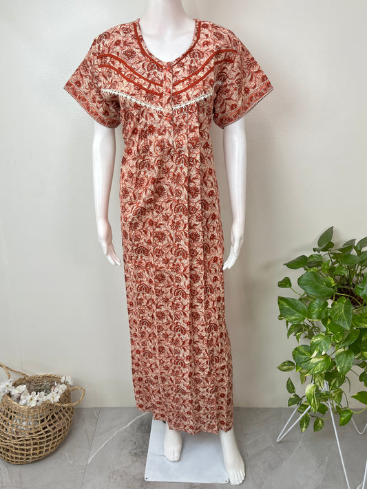 Red Pleated Style Pure Cotton Nightgown