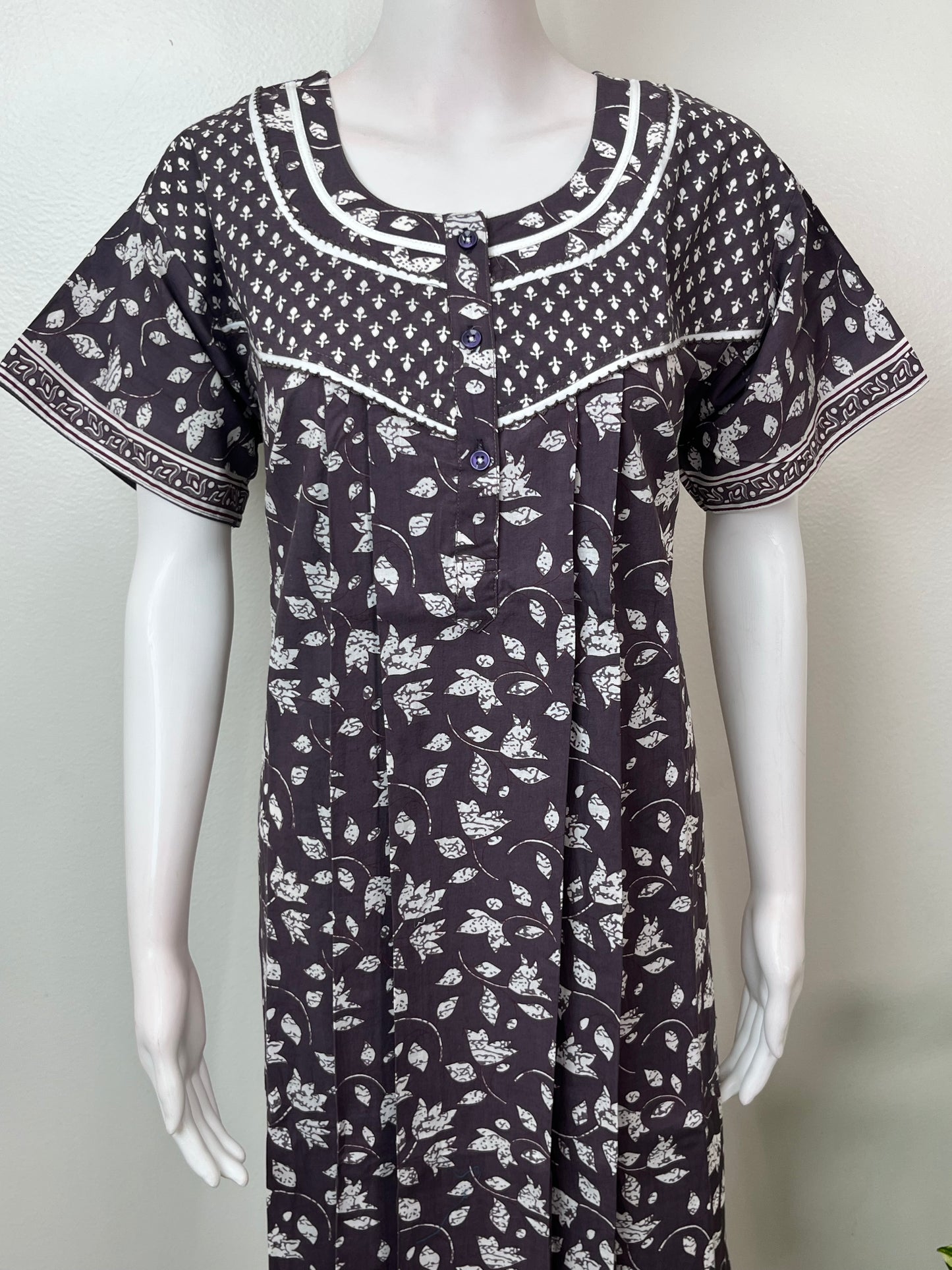 Grey Pleated Style 100% Cotton Nighty for Women