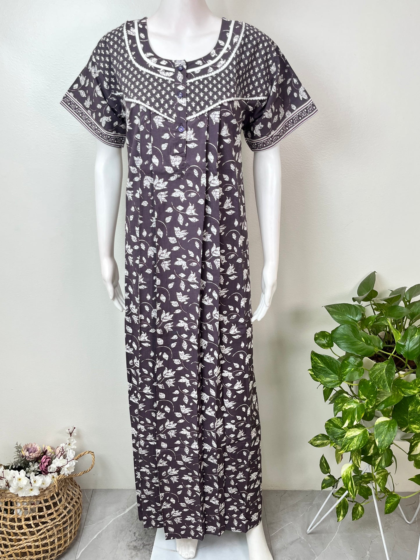 Grey Pleated Style 100% Cotton Nighty for Women