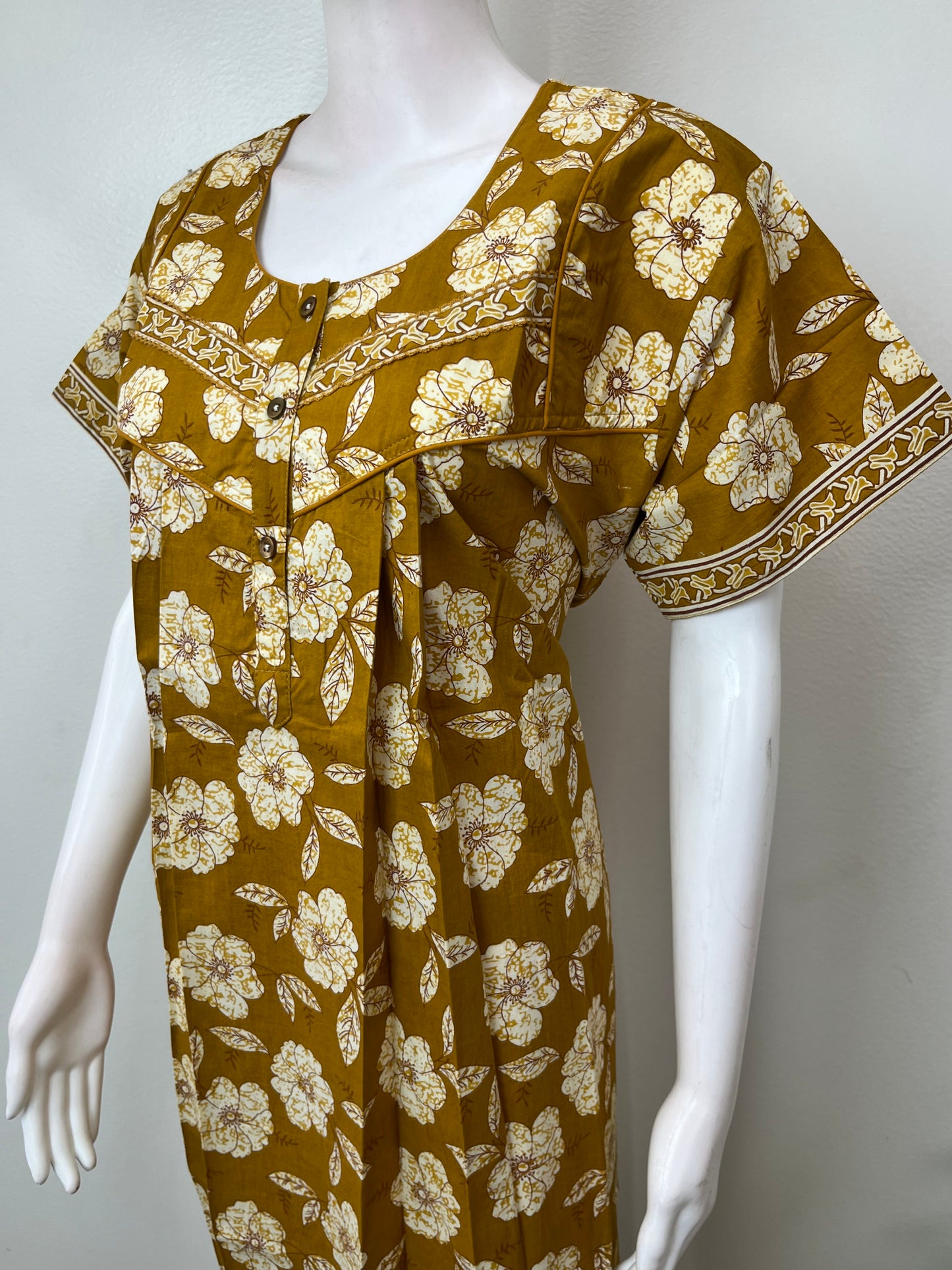 Mustard Pleated Style 100% Cotton Nightgown