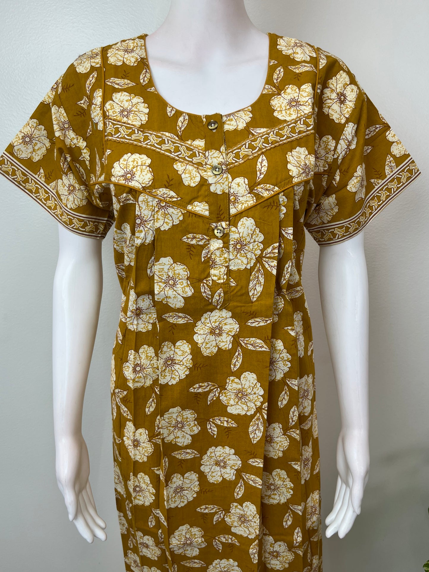 Mustard Pleated Style 100% Cotton Nightgown