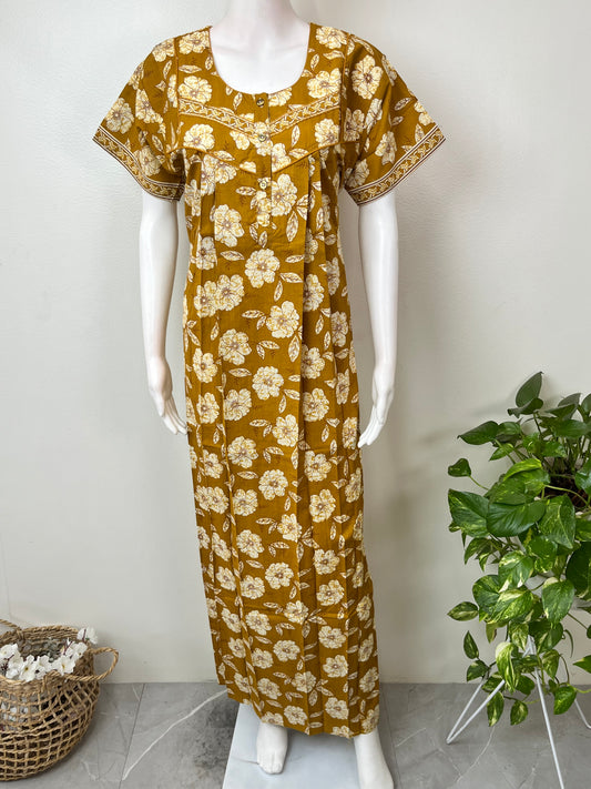 Mustard Pleated Style 100% Cotton Nightgown