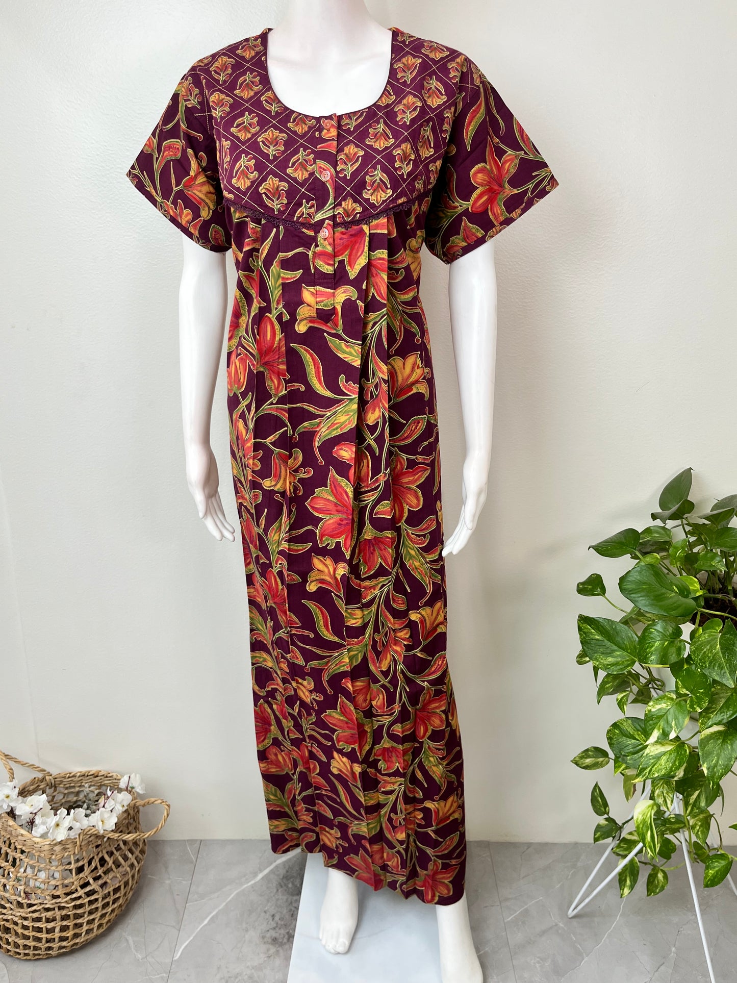 Wine 100% Cotton Nightgown Soft & Comfortable