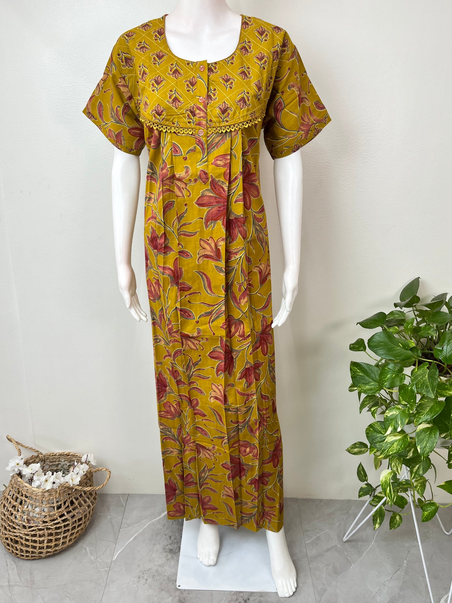 Mustard Floral Printed 100% Cotton Nightgown