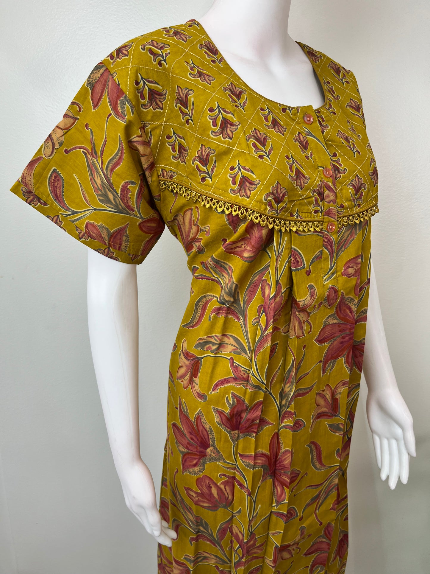 Mustard Floral Printed 100% Cotton Nightgown