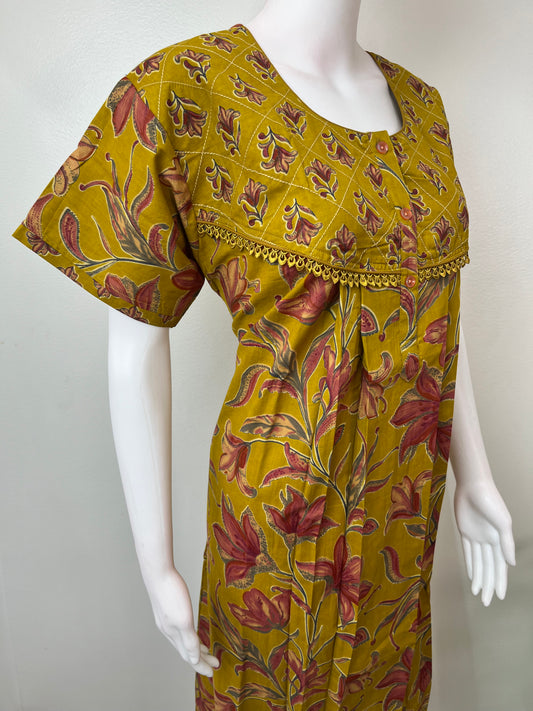 Mustard Floral Printed 100% Cotton Nightgown
