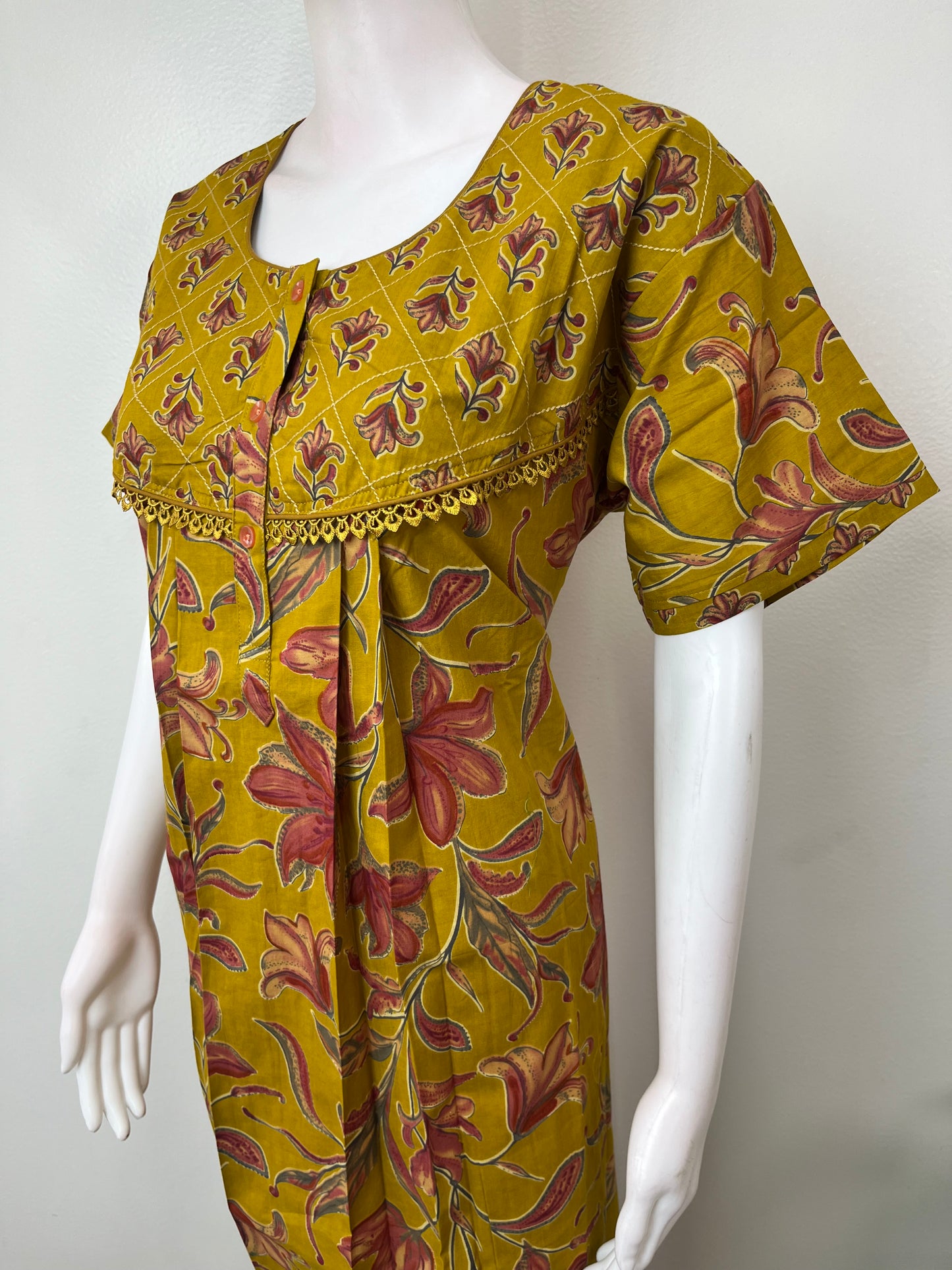 Mustard Floral Printed 100% Cotton Nightgown