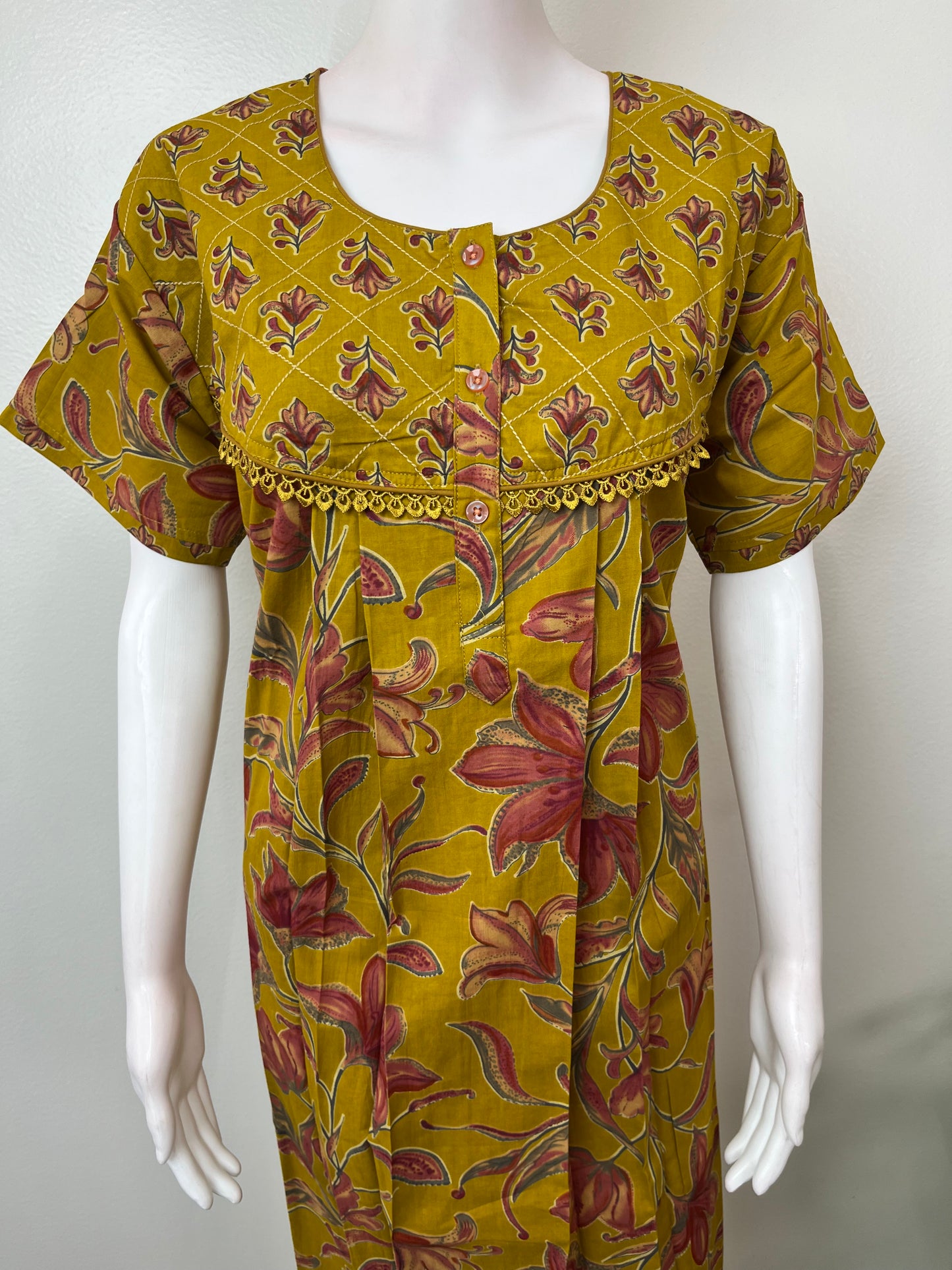 Mustard Floral Printed 100% Cotton Nightgown