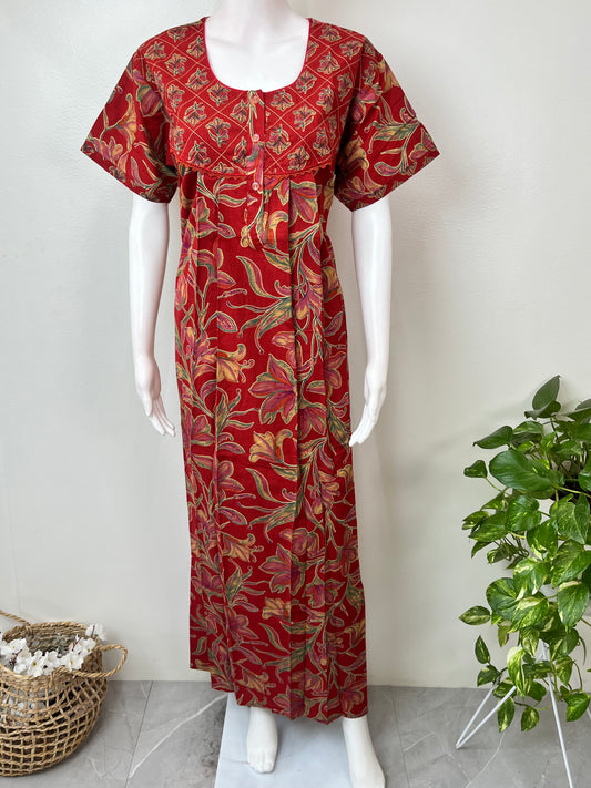 Maroon Pleated Style 100% Cotton Nighty