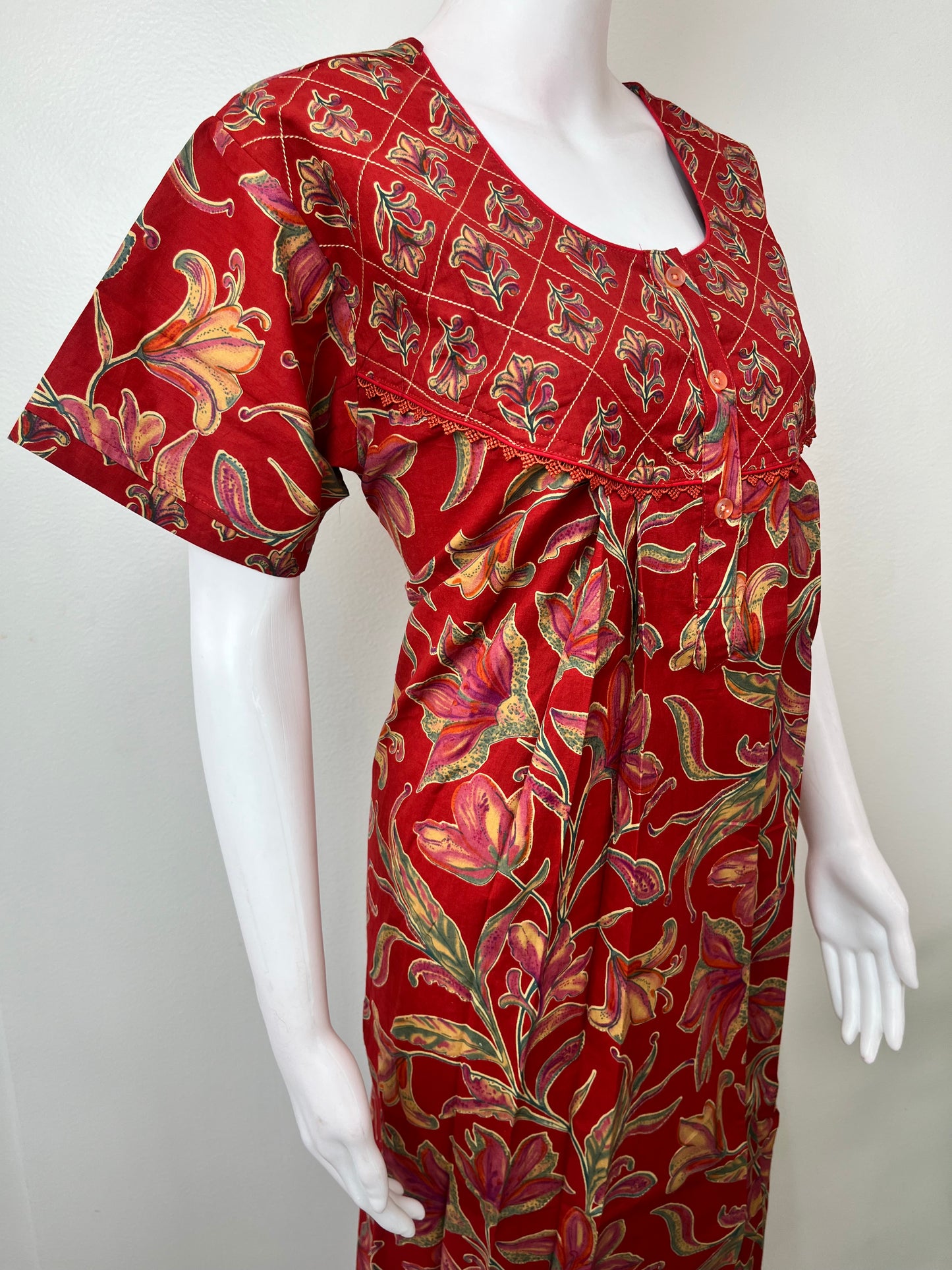 Maroon Pleated Style 100% Cotton Nighty