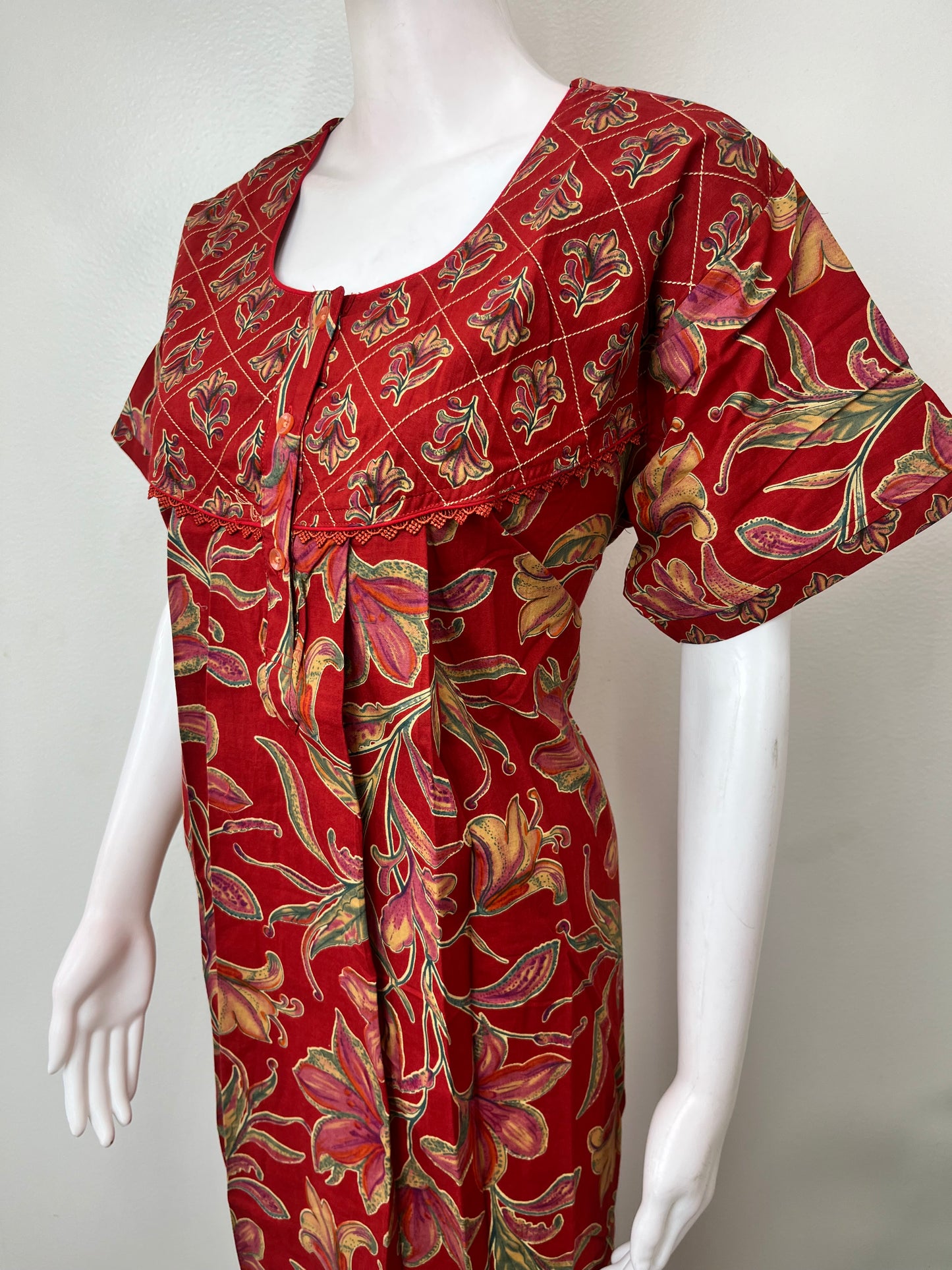 Maroon Pleated Style 100% Cotton Nighty