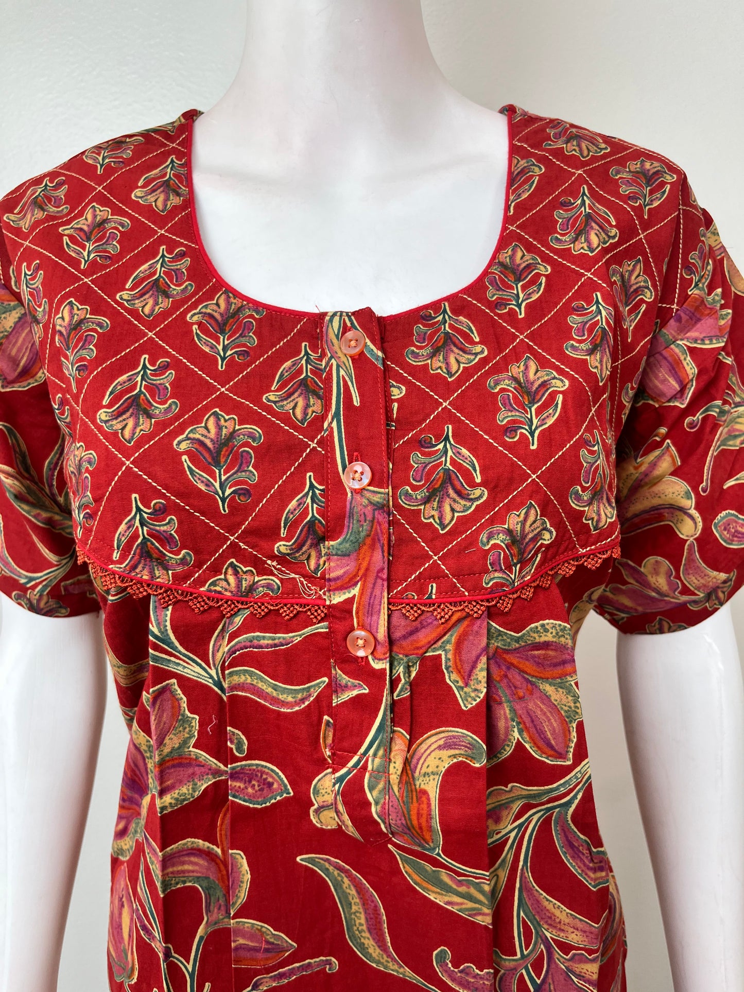 Maroon Pleated Style 100% Cotton Nighty