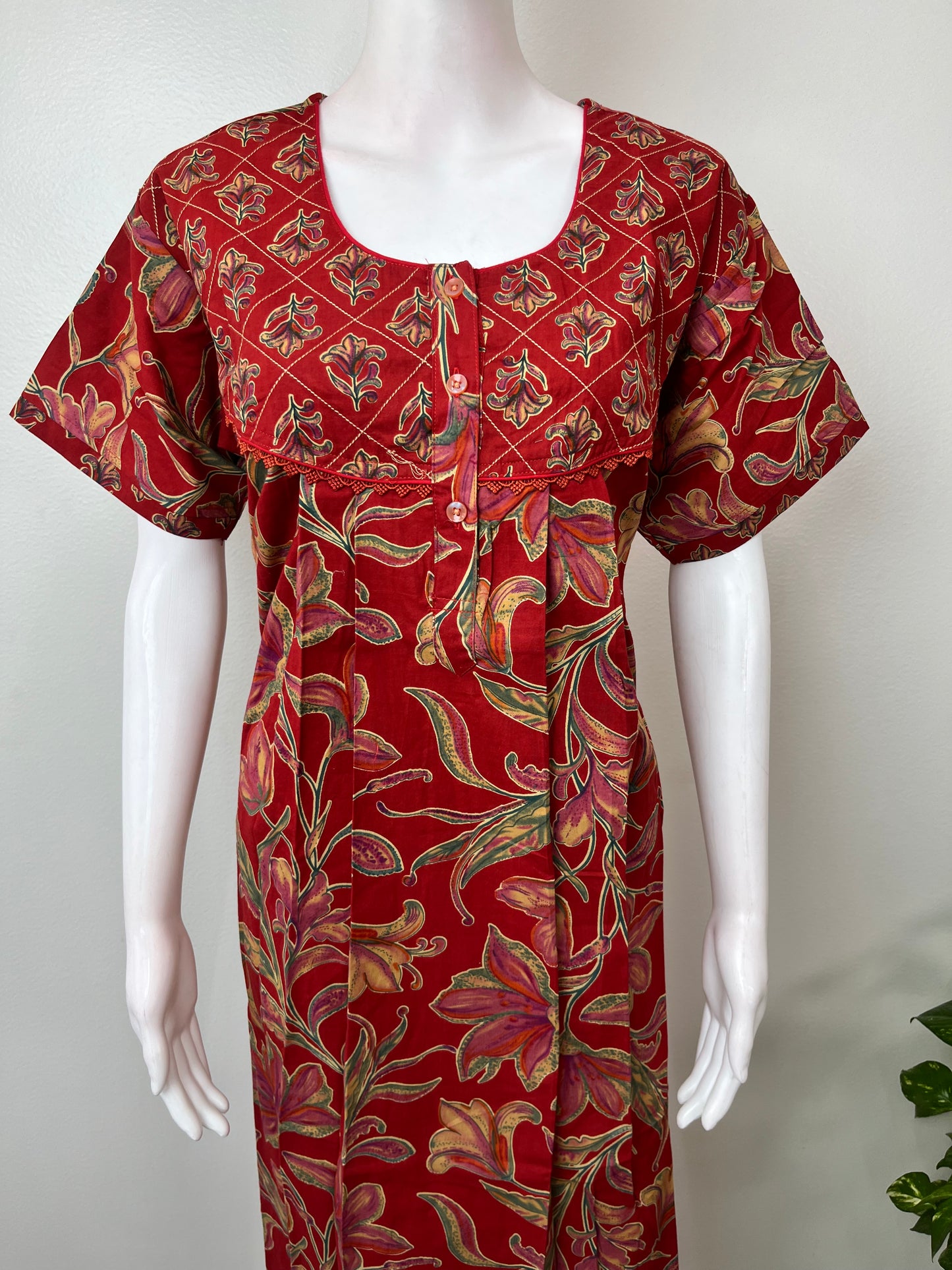 Maroon Pleated Style 100% Cotton Nighty