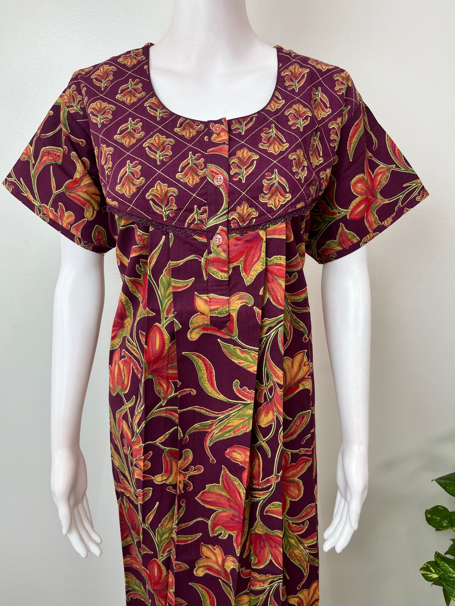 Wine 100% Cotton Nightgown Soft & Comfortable