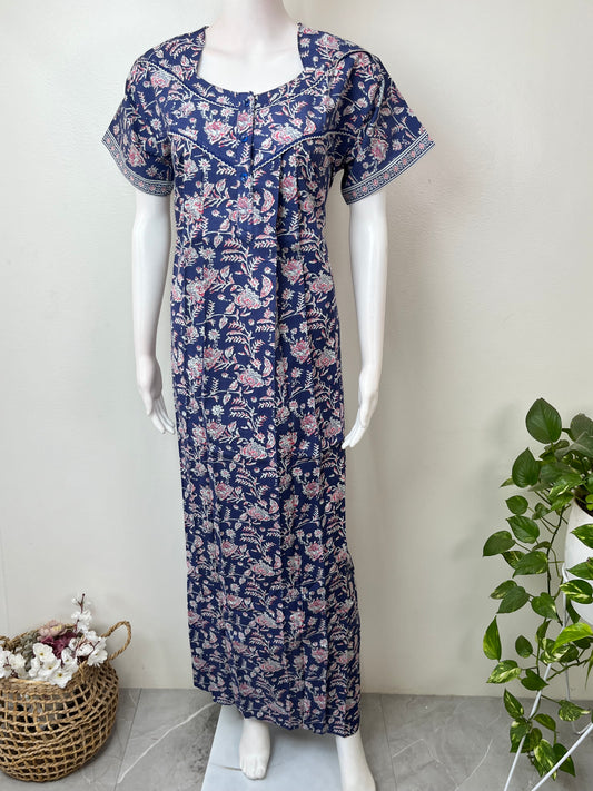 Royal Blue Floral Pure Cotton Nightgown