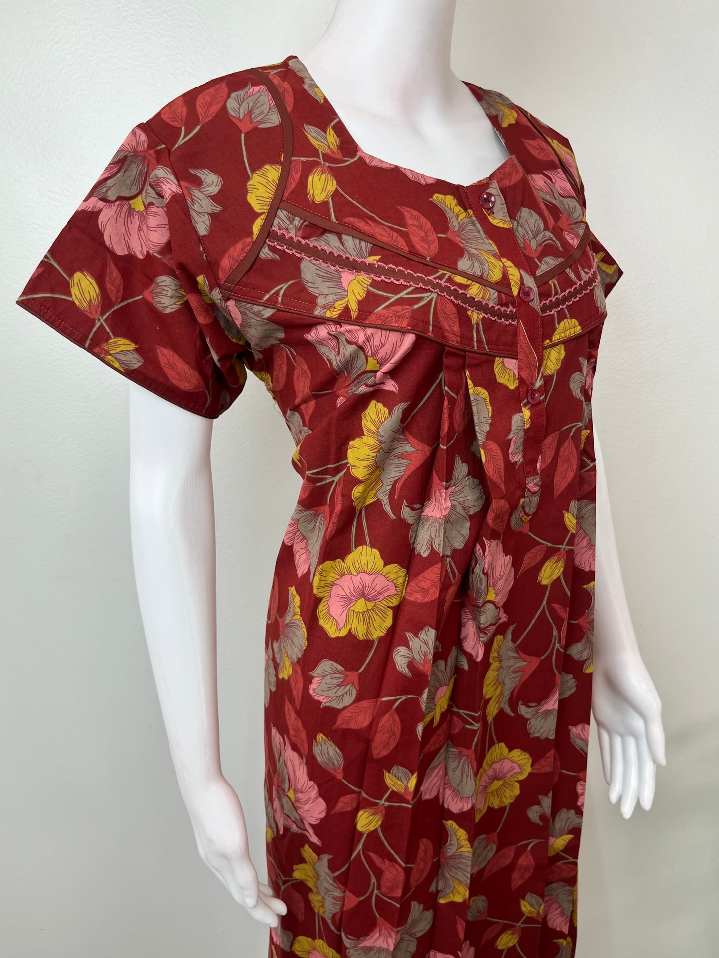 Maroon Floral Printed Pure Cotton Nightgown