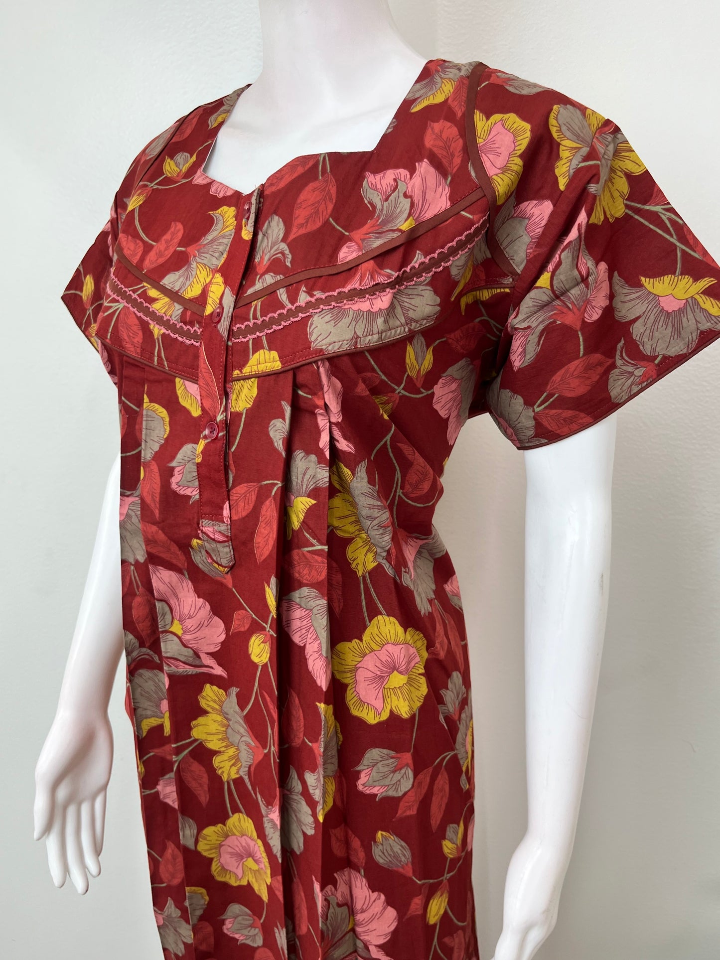 Maroon Floral Printed Pure Cotton Nightgown