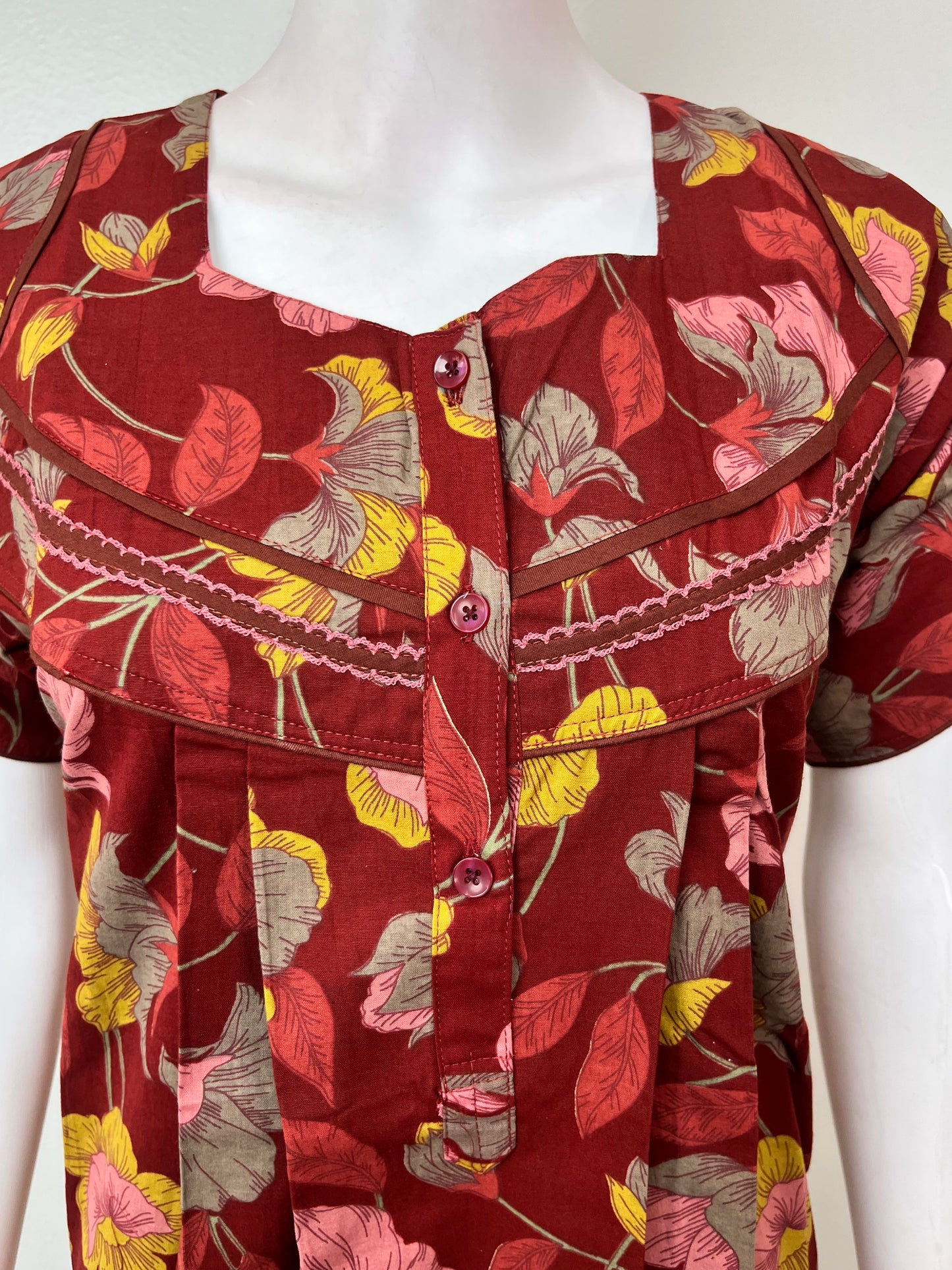 Maroon Floral Printed Pure Cotton Nightgown
