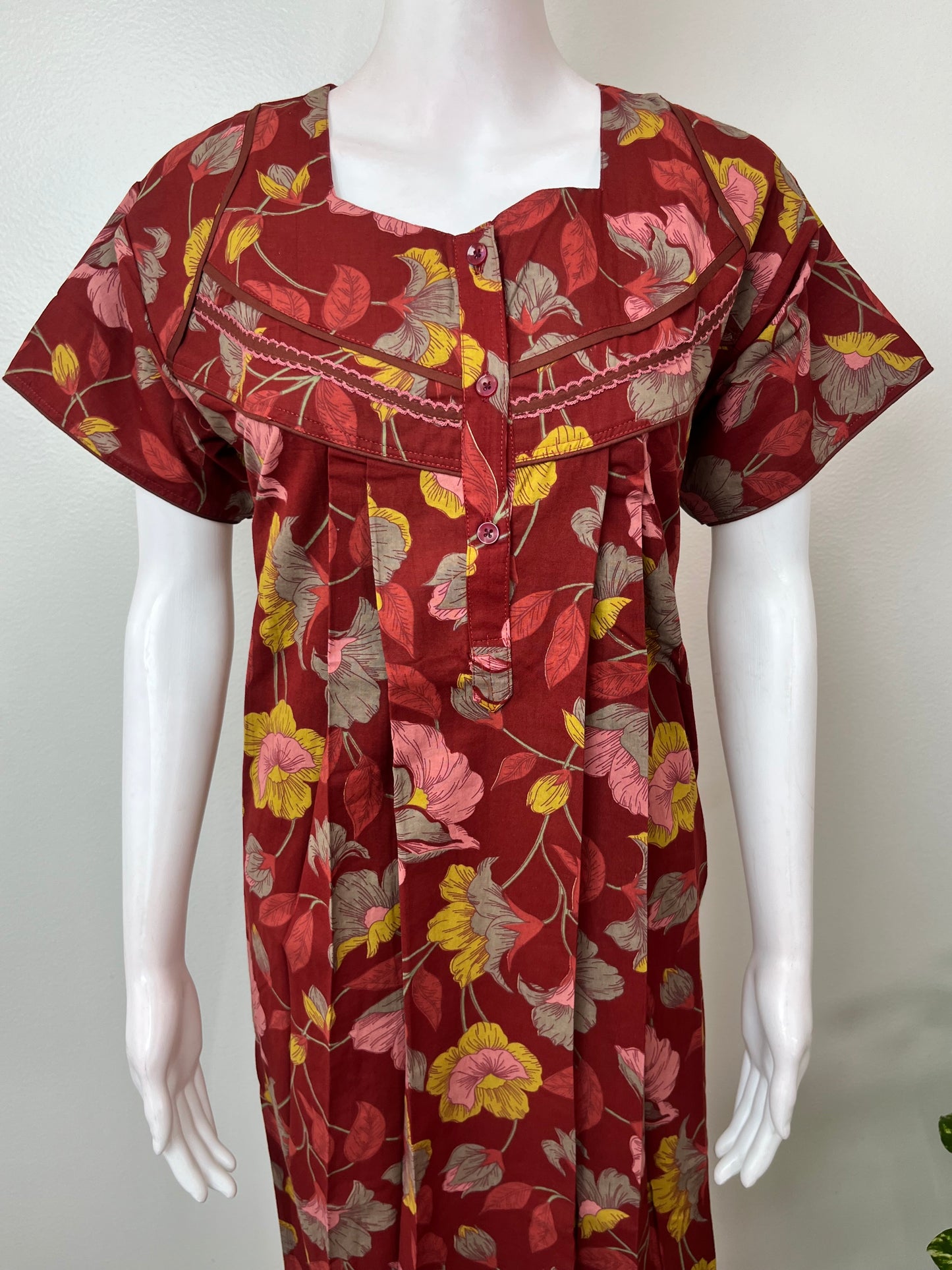 Maroon Floral Printed Pure Cotton Nightgown