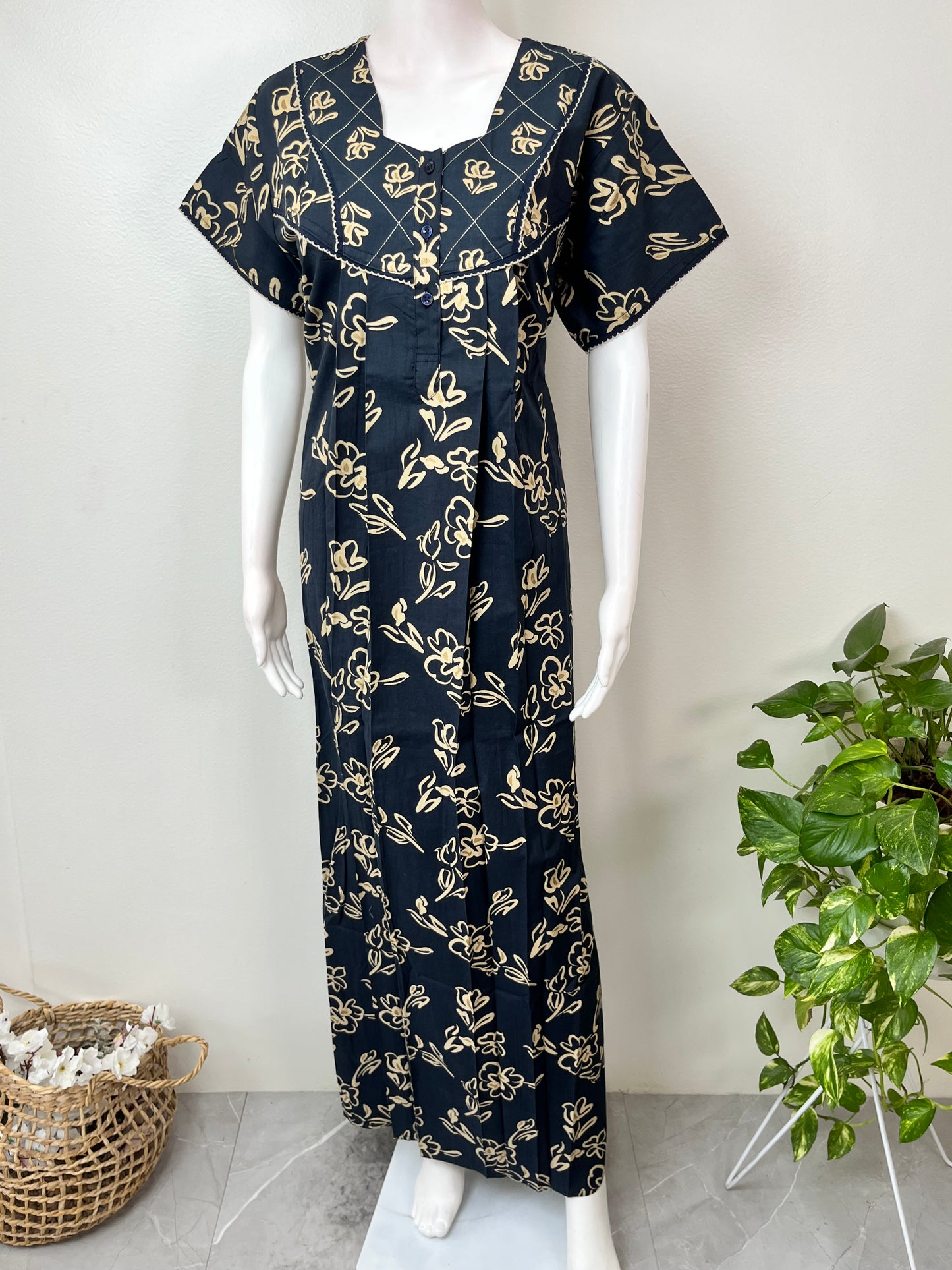 Navy Blue Double Print 100% Cotton Nightgown