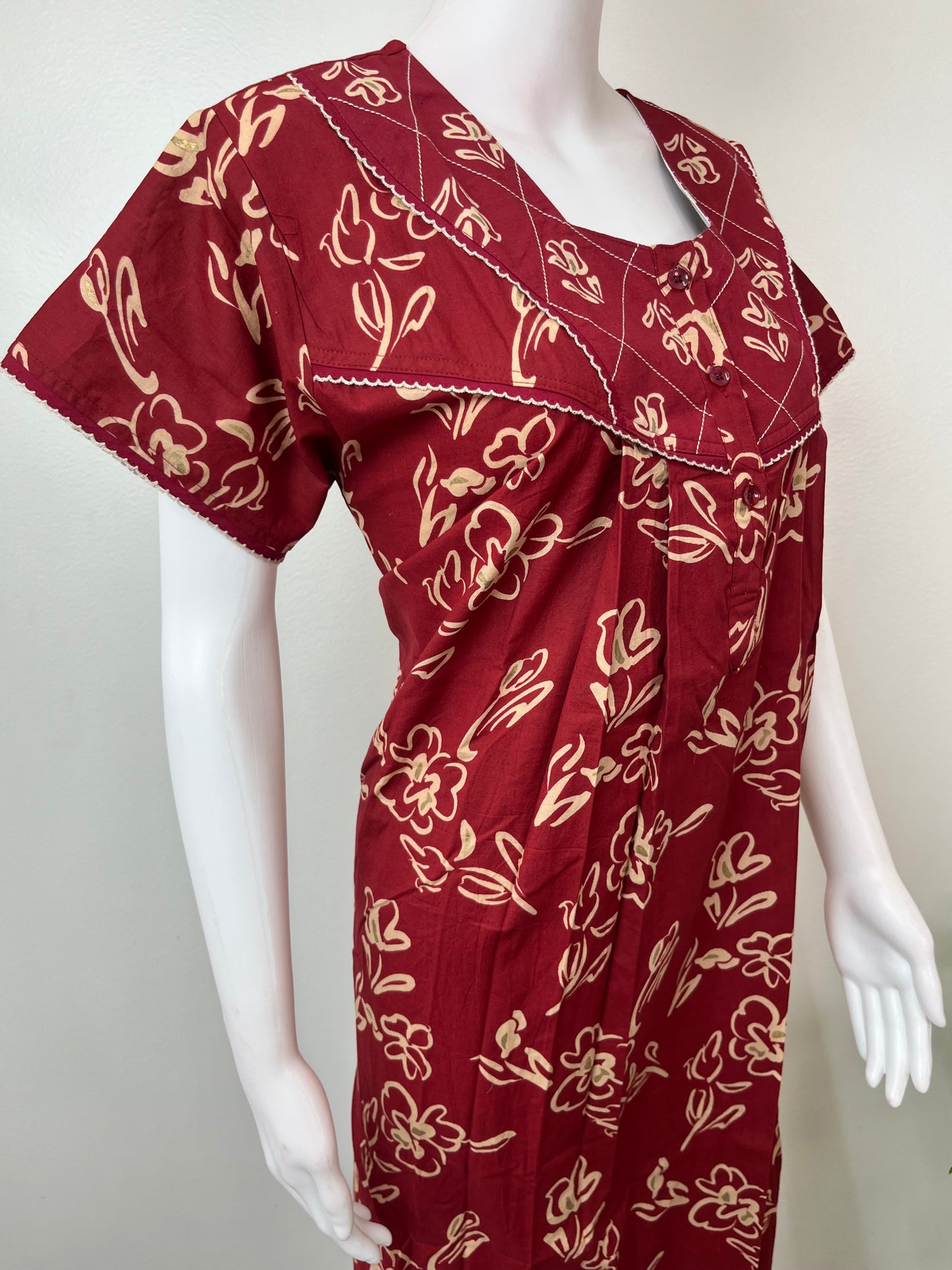 Maroon Digital Printed Pure Cotton Nighty
