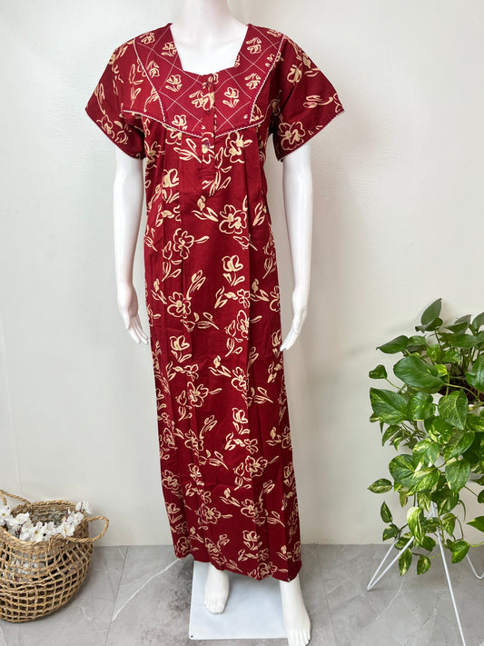 Maroon Digital Printed Pure Cotton Nighty