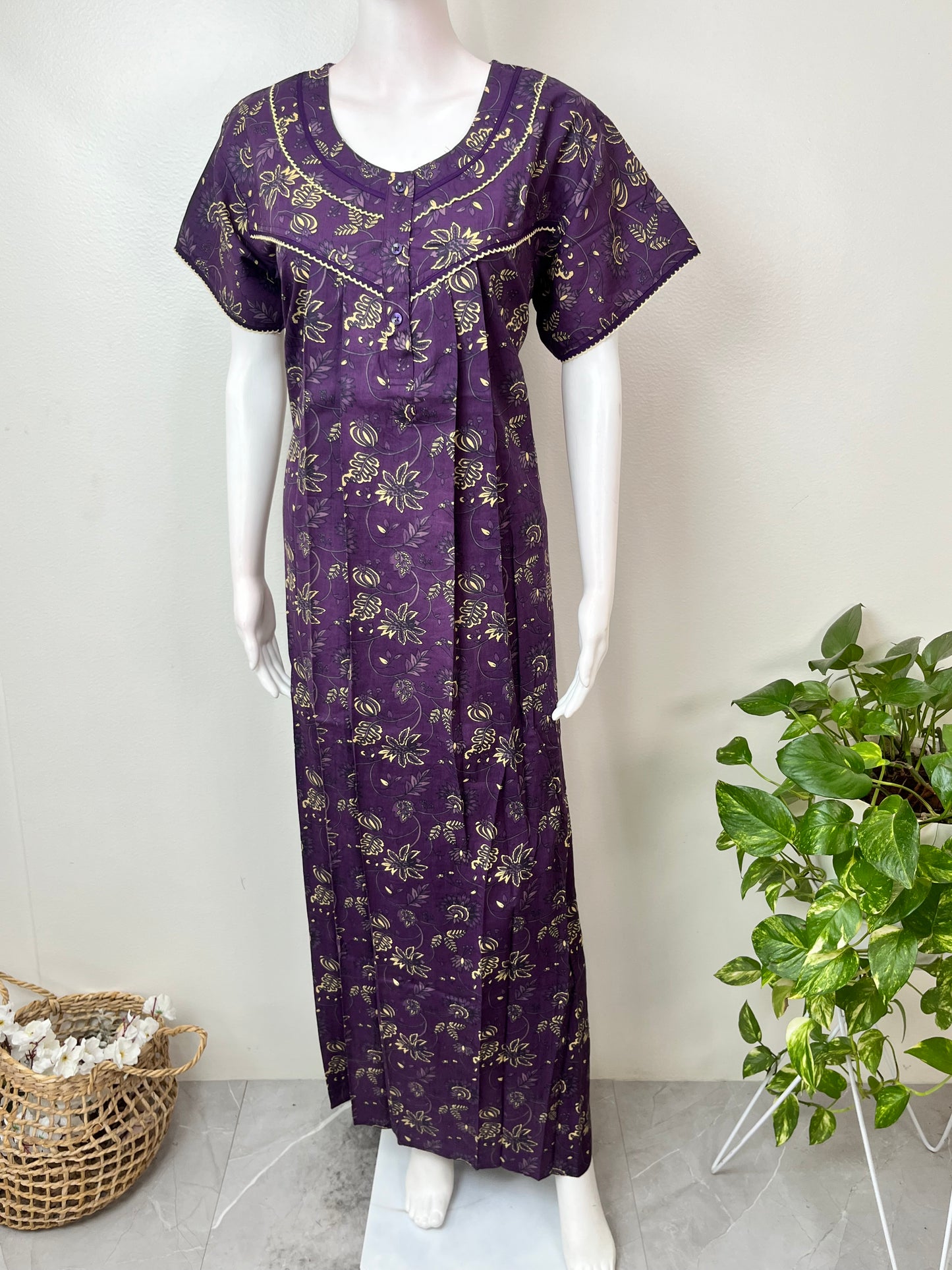 Purple Pure Cotton Nightgown Elegant & Breathable