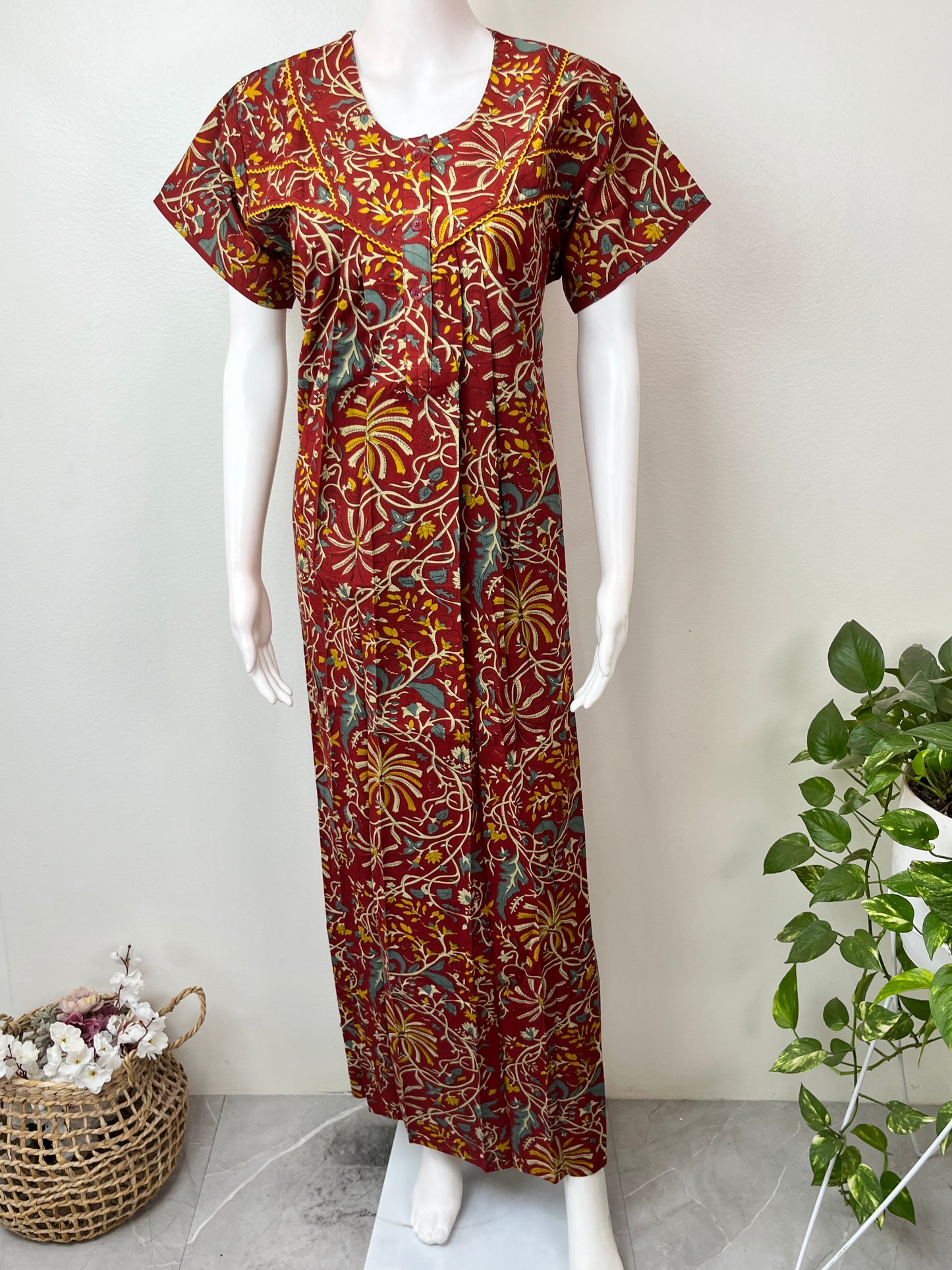 Maroon Pleated Style 100% Cotton Nighty