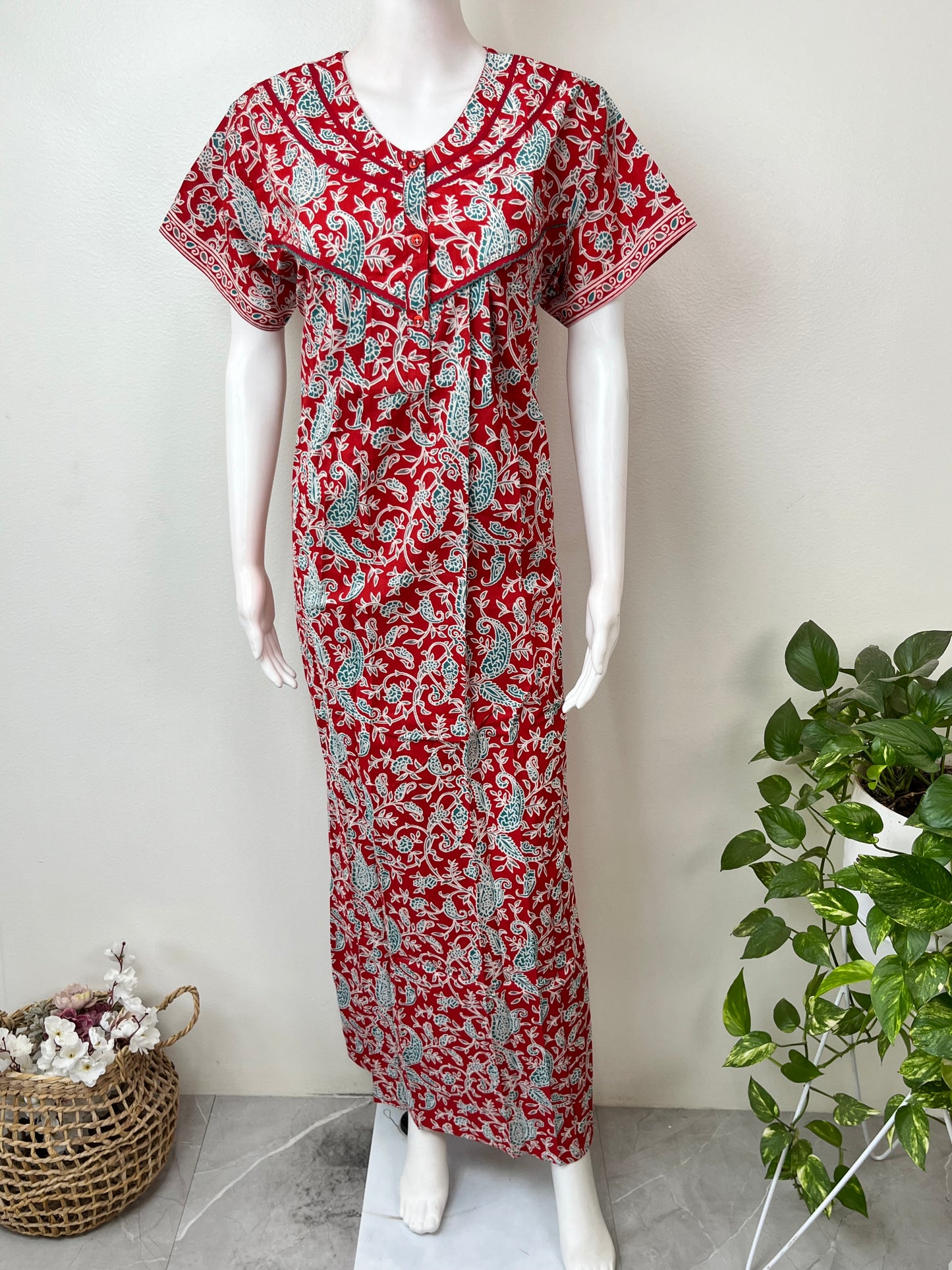 Red Pleated Style Cotton Nightgown