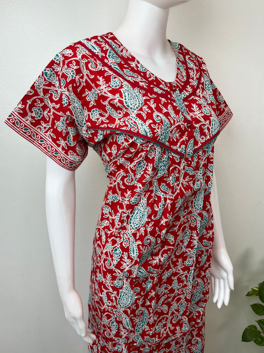 Red Pleated Style Cotton Nightgown