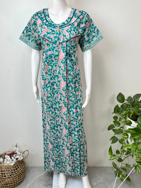 Green Pure Cotton Nightgown With Contrast Print