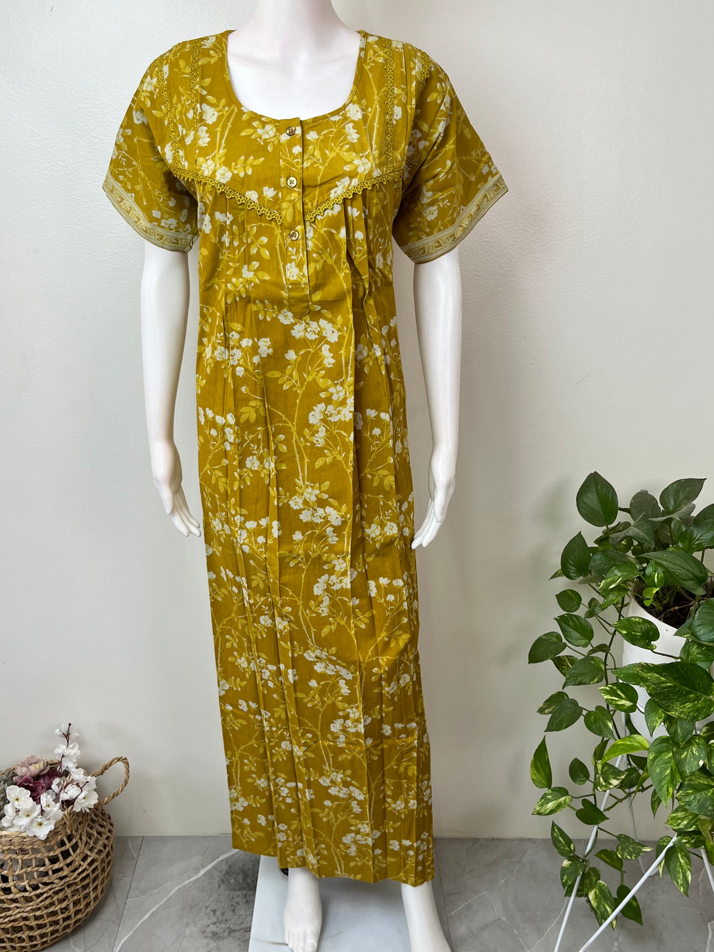 Yellow Pleated Style Cotton Nighty