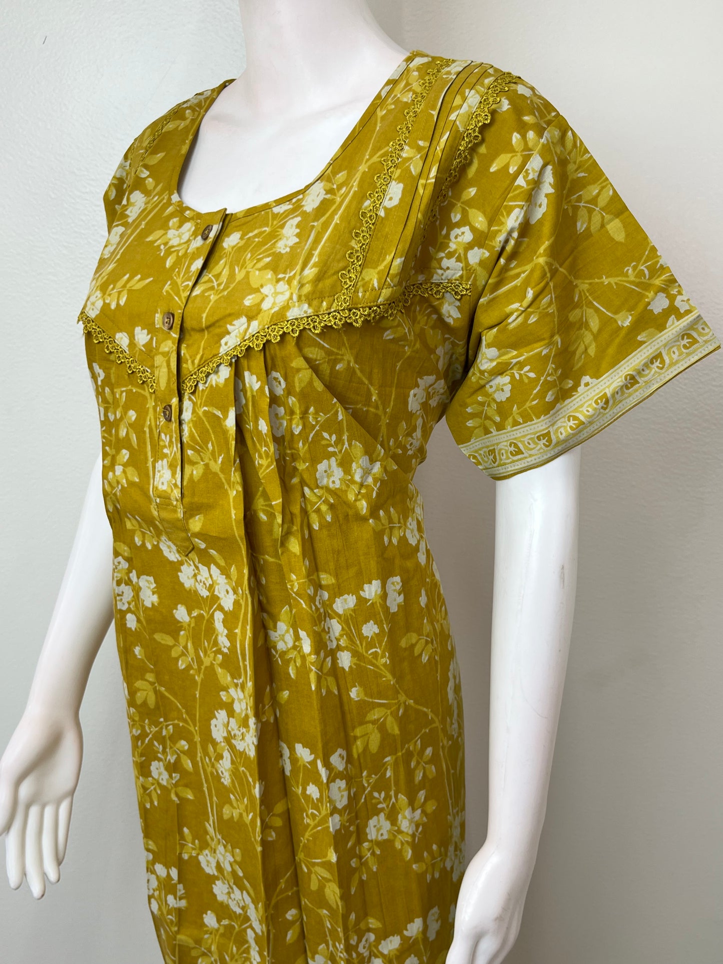 Yellow Pleated Style Cotton Nighty