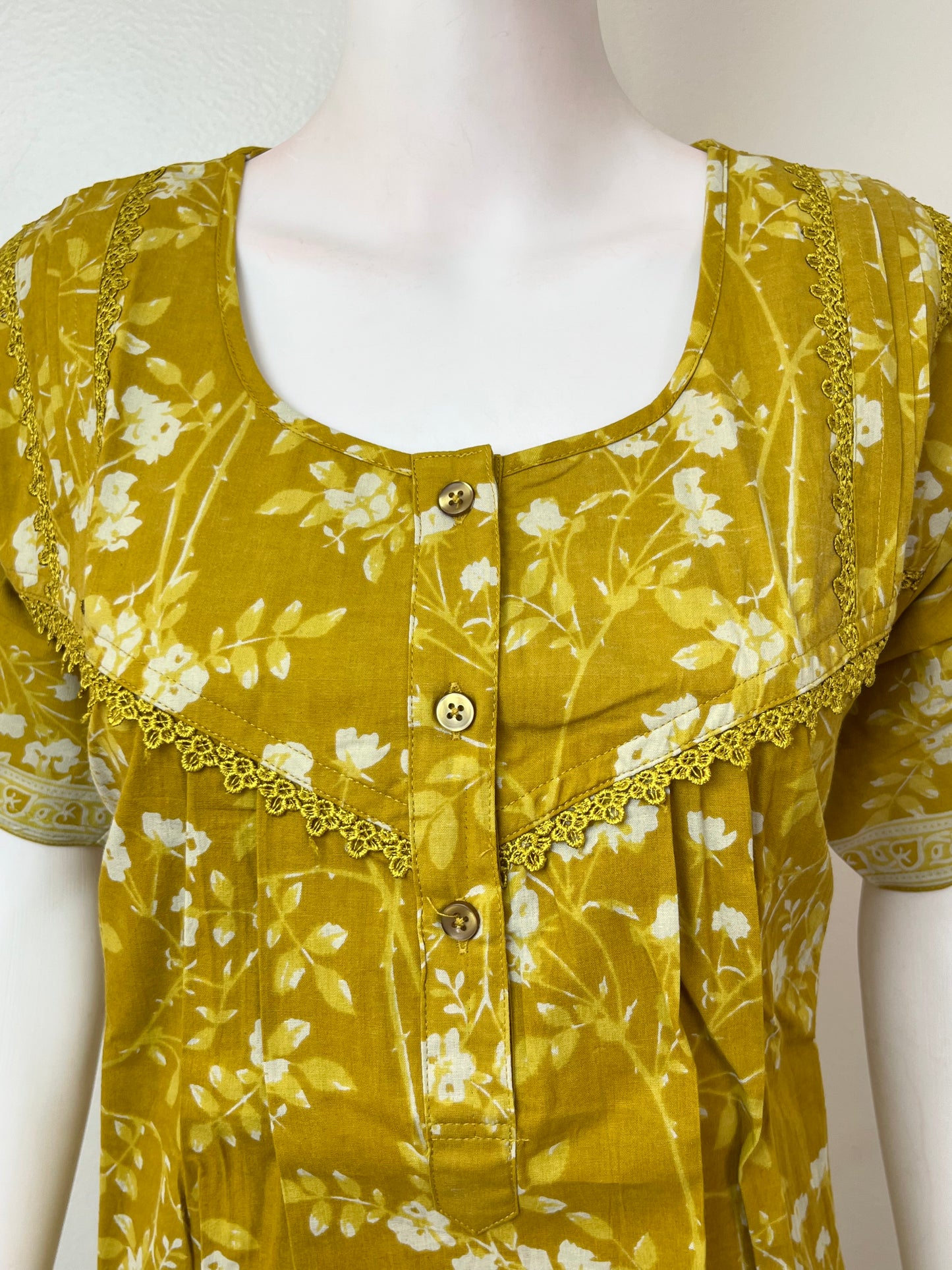 Yellow Pleated Style Cotton Nighty