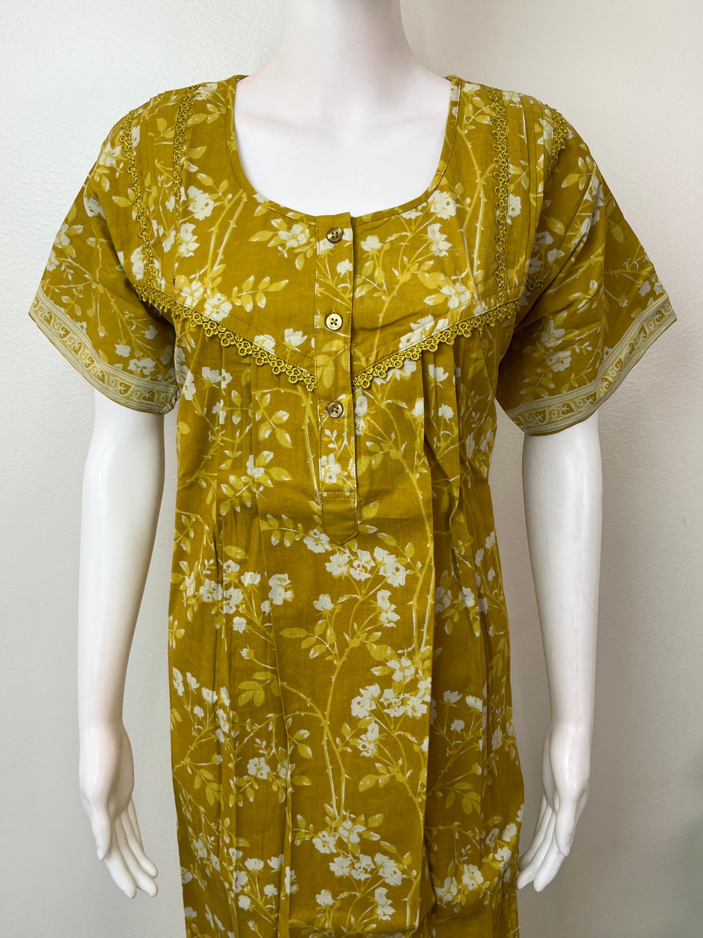 Yellow Pleated Style Cotton Nighty